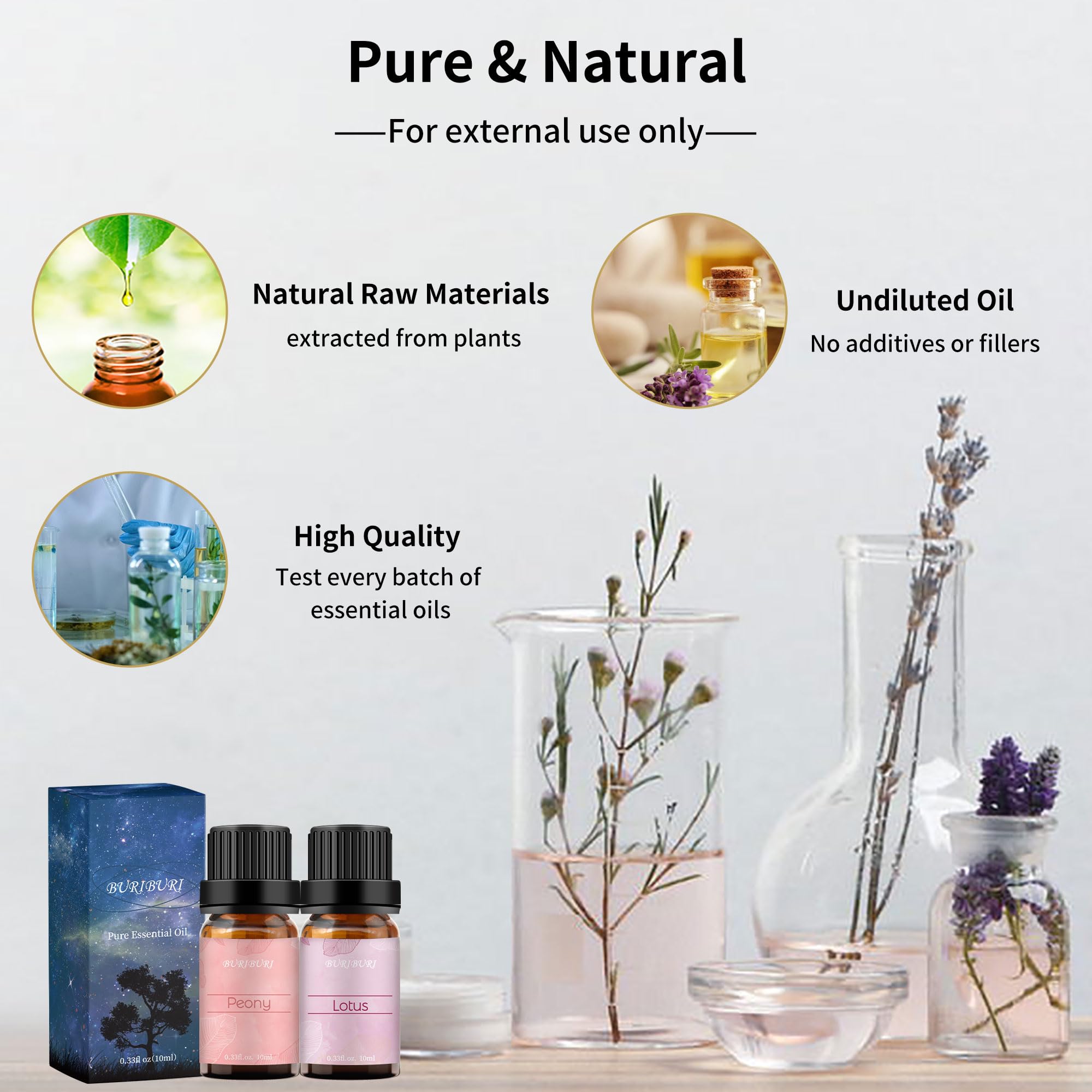 Buriburi huile essentielle prête à l'utilisation dans diffuseurs et cosmétiques faits maison.