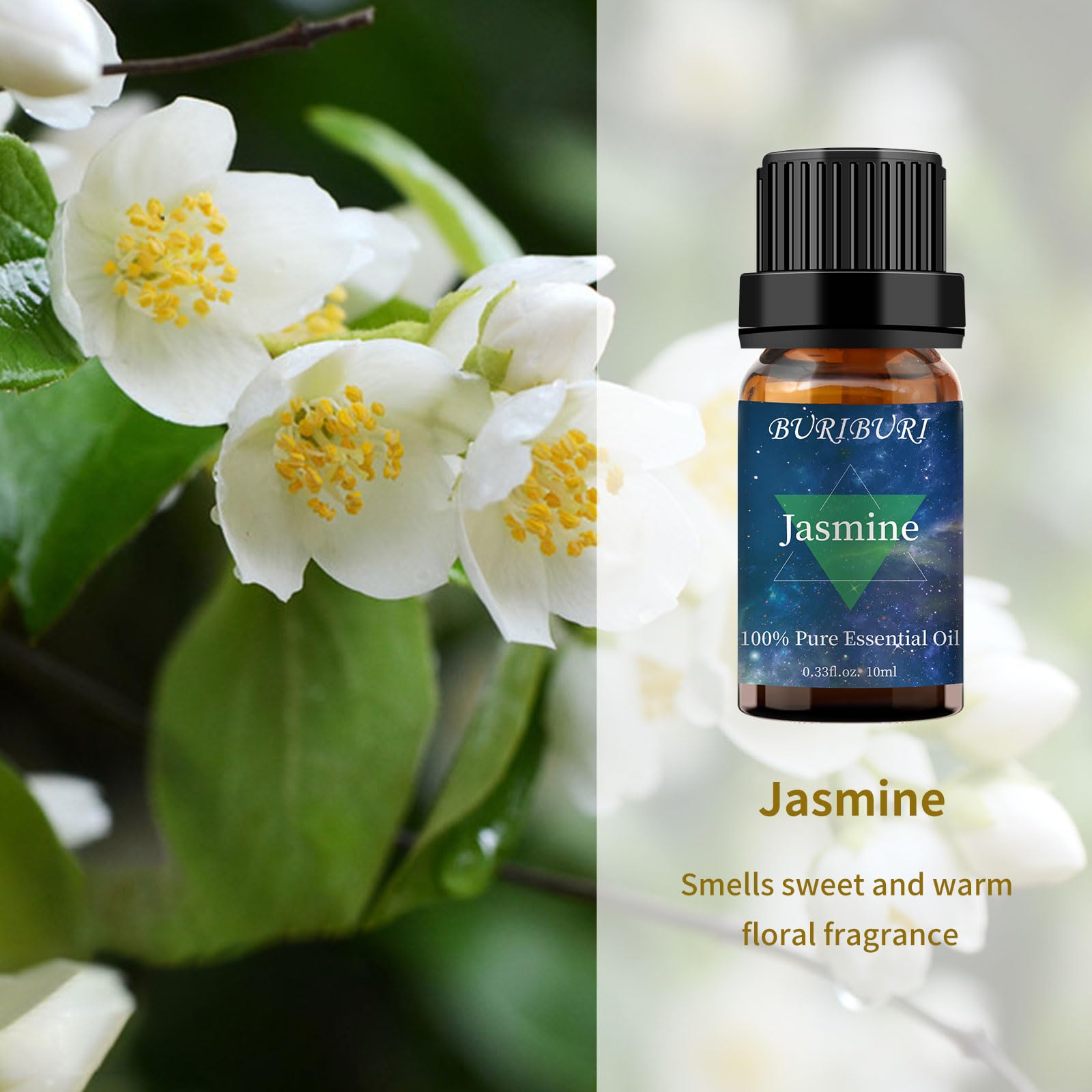 BURIBURI Jasmin, flacon ambré, arôme sensuel pour ambiance aromatique.