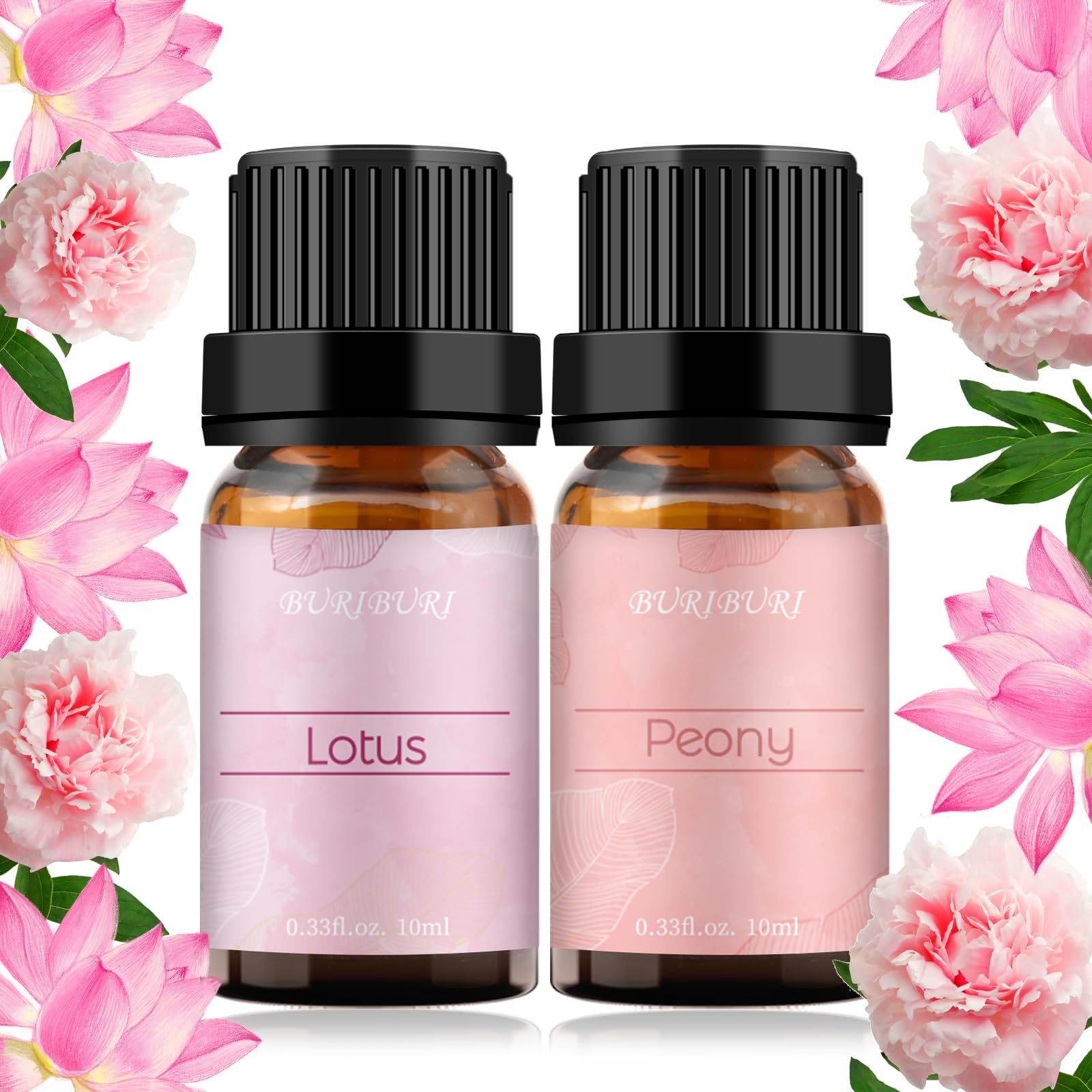 Buriburi huile essentielle lotus en bouteille ambrée prête à diffuser l'arôme floral.