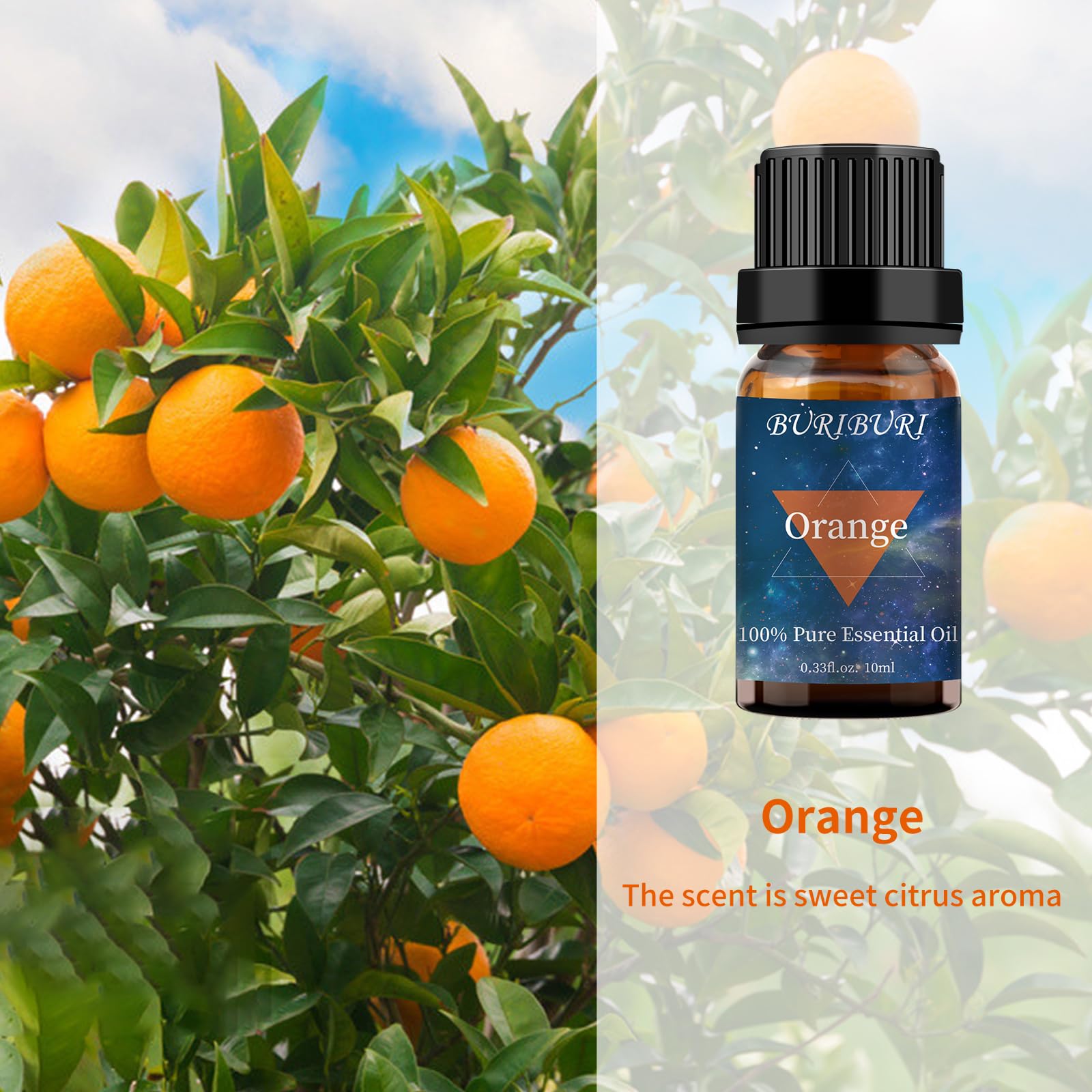 Buriburi huile orange en bouteille ambrée, fragrance citrusée idéale pour diffuseur