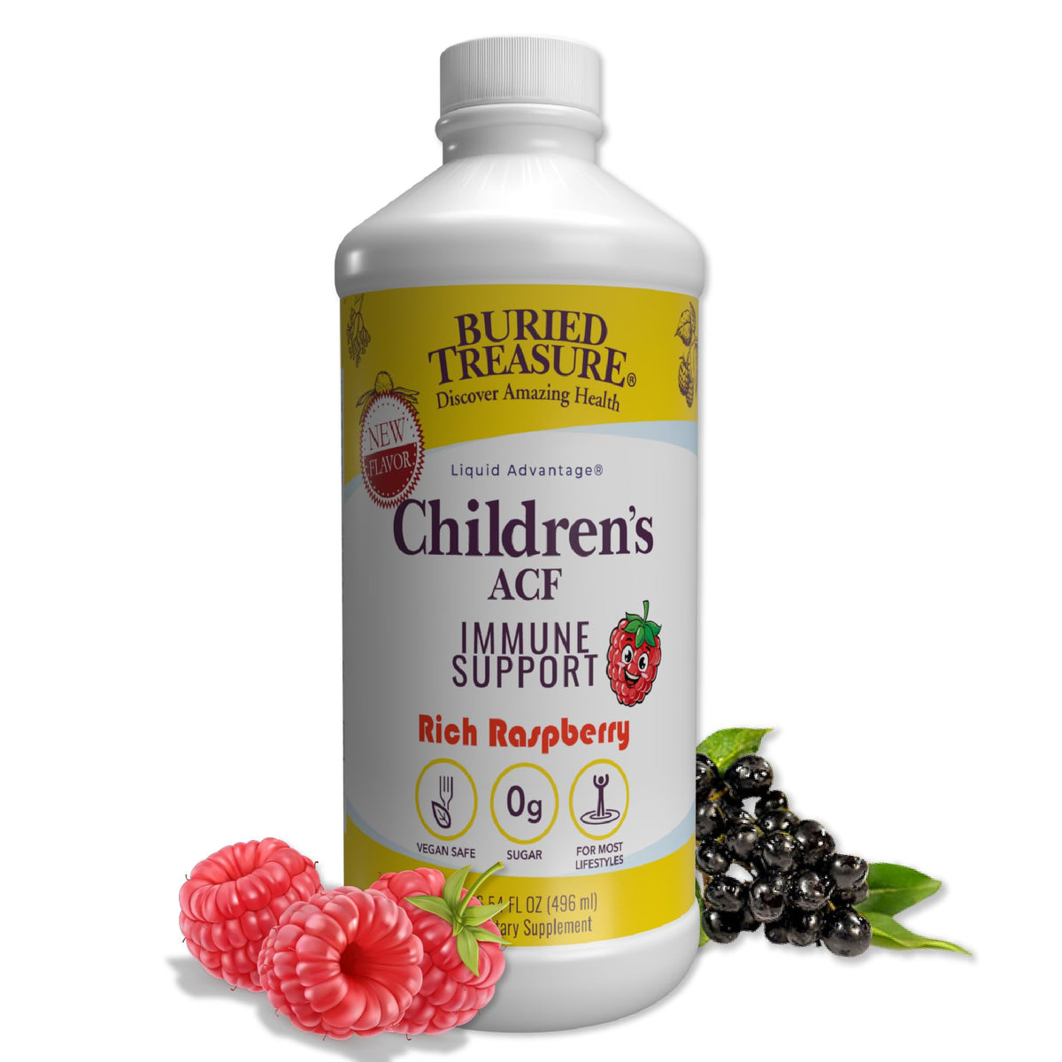 Buried Treasure Immunité Enfant – Bouteille fluide framboise, soutien quotidien.