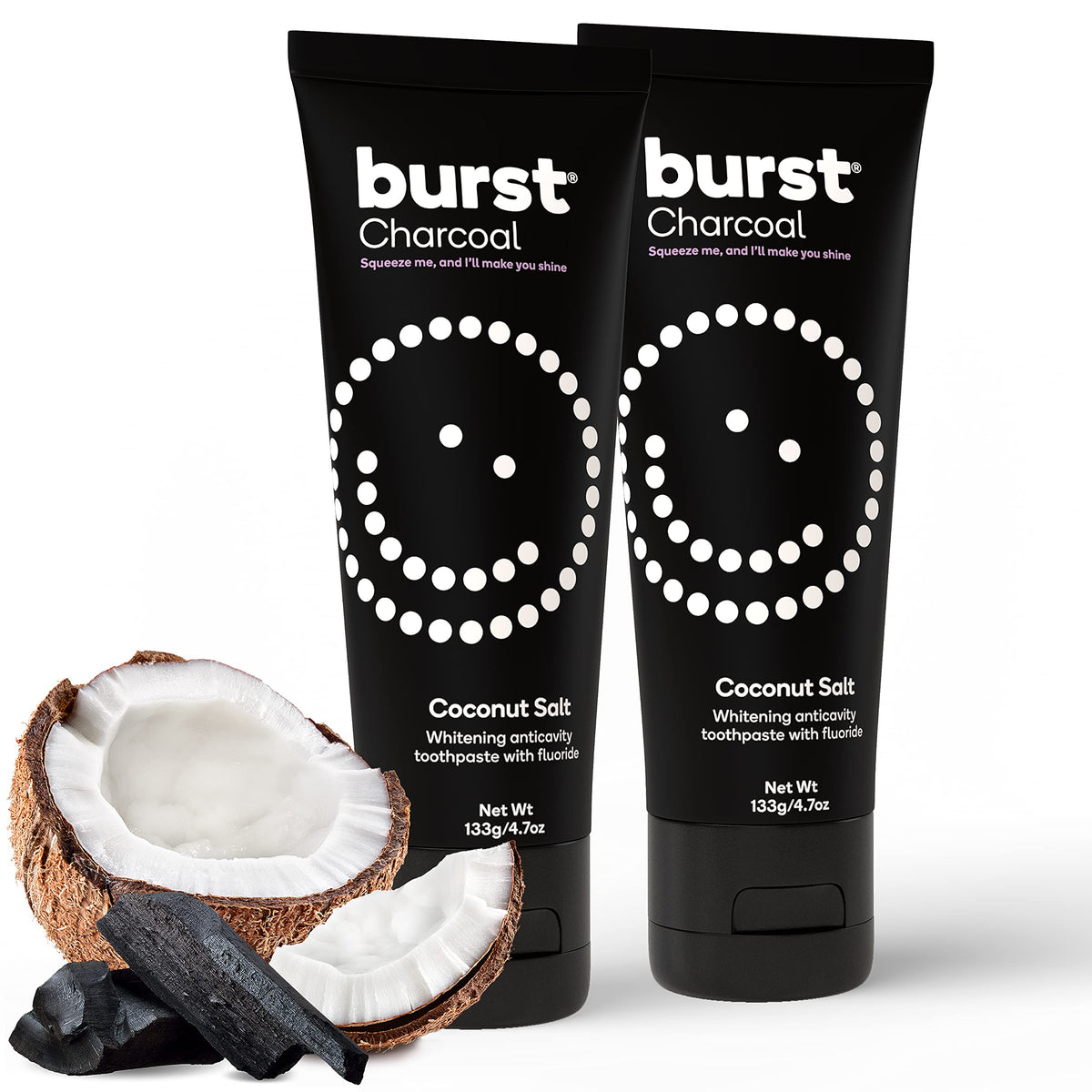 BURST dentifrice charbon 2pack bouteille-front : blanchiment naturel et bouche fraîche durable.