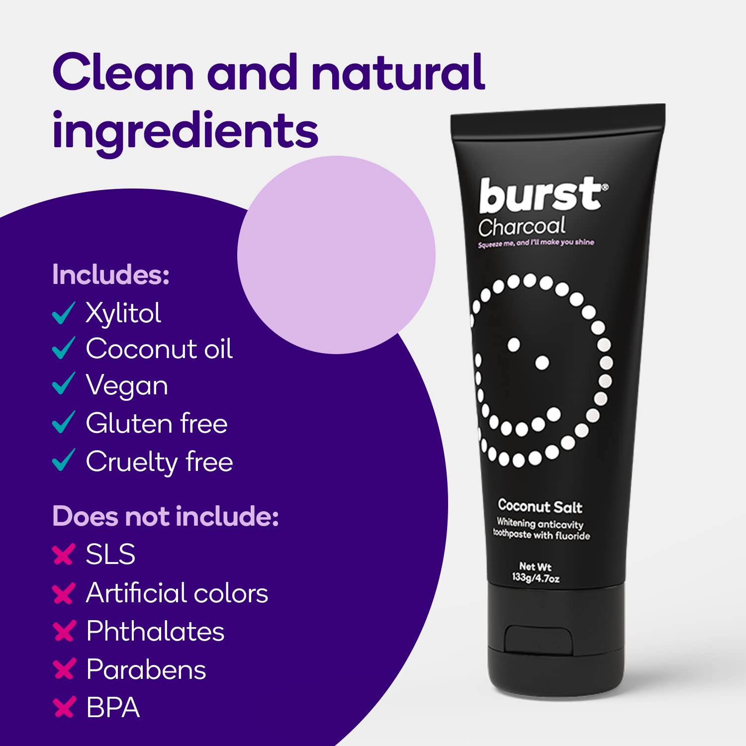 BURST dentifrice charbon 2pack fluorure : prévention potentielle des caries.