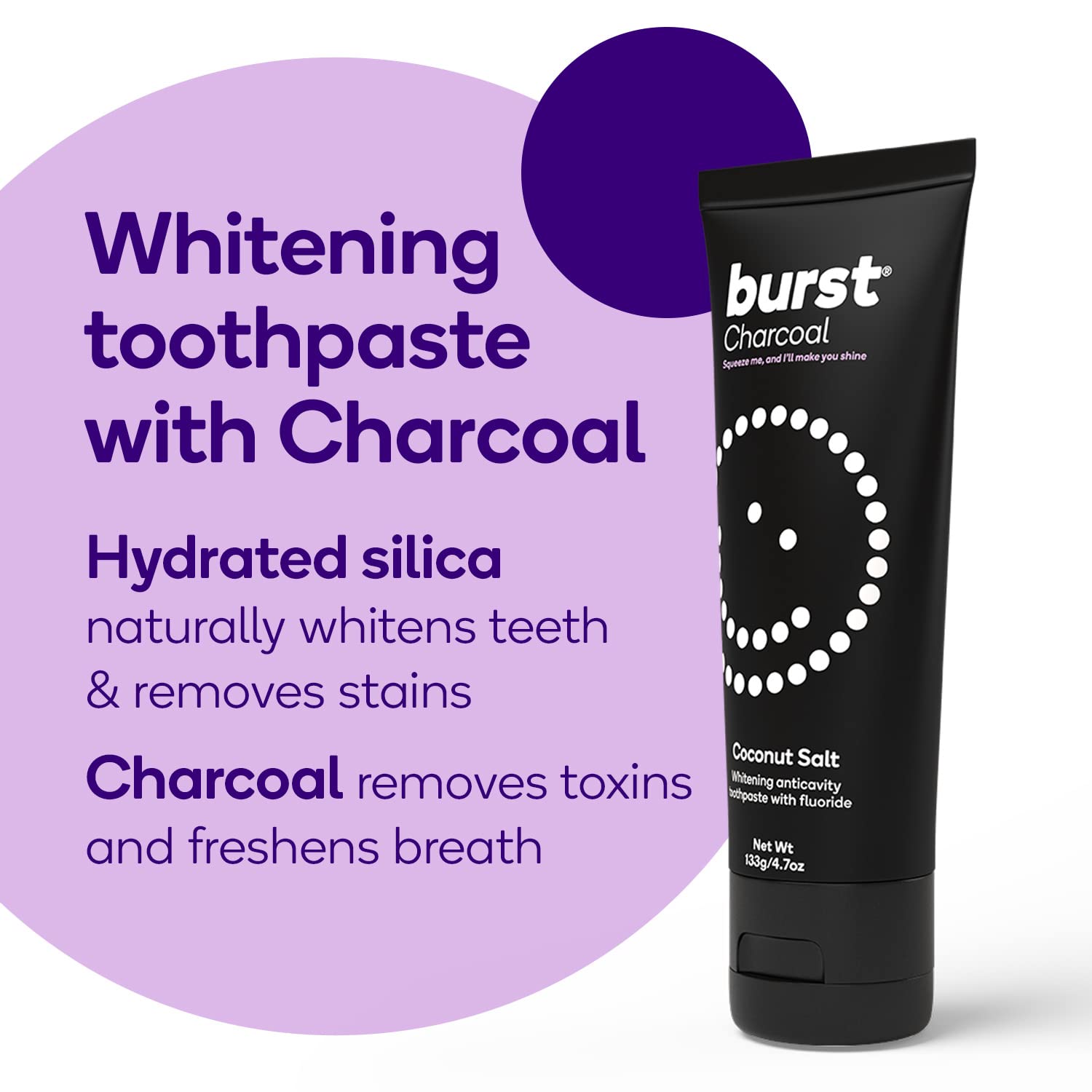 BURST dentifrice charbon 2pack tube-closeup : texture douce et mousse légère.