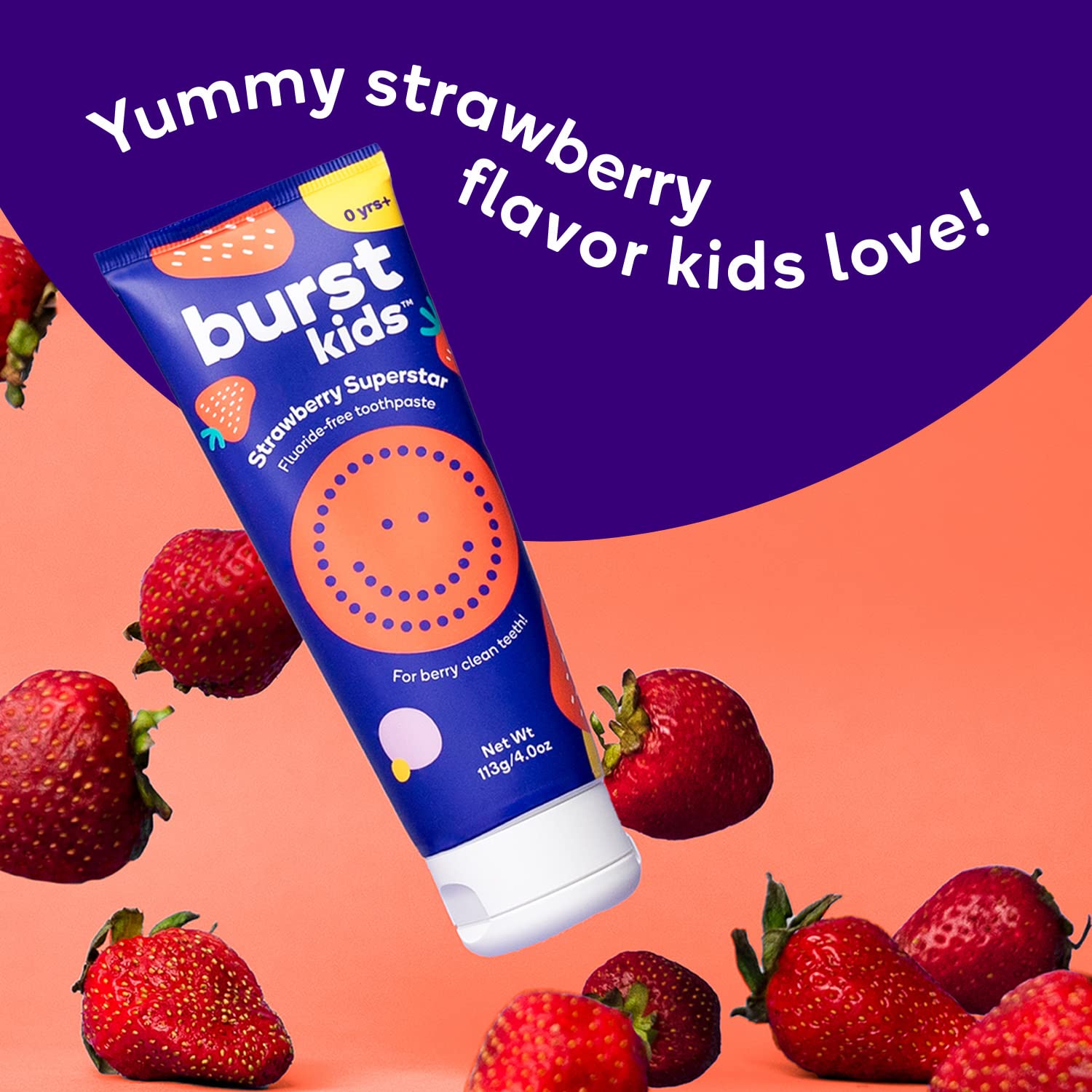 Burst dentifrice enfant fraise sans fluor, emballage 2 paquets pour la famille.