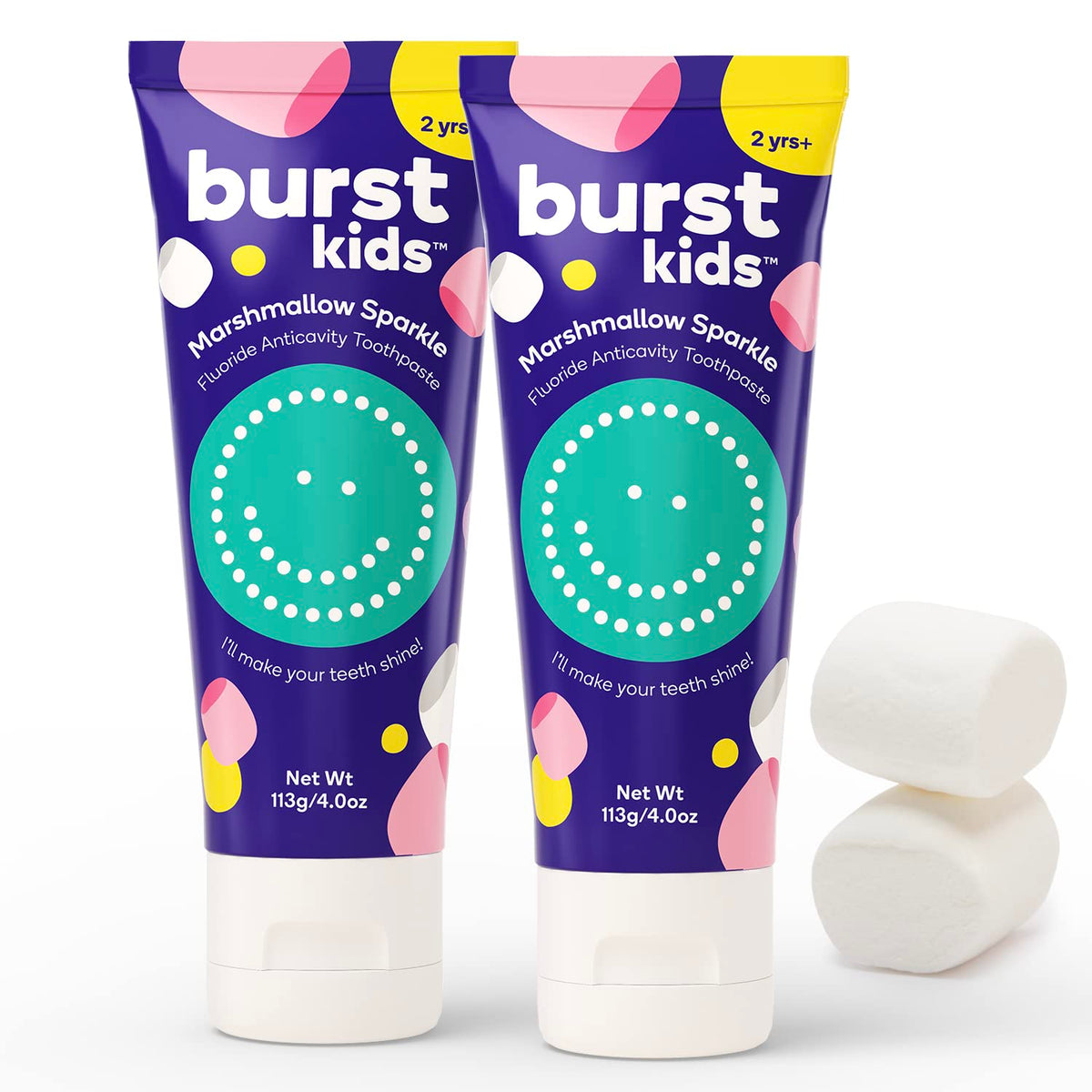 BURST Dentifrice Enfant Marshmallow Sparkle – tube coloré pour brossage amusant