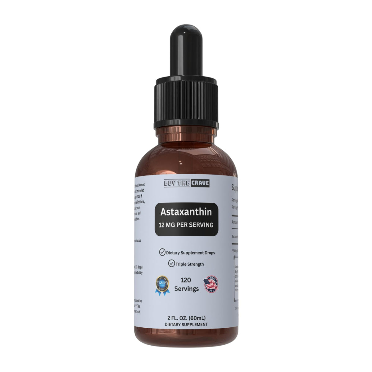 Astaxanthine BUY THE CRAVE en flacon, gouttes faciles à mesurer pour une routine quotidienne.