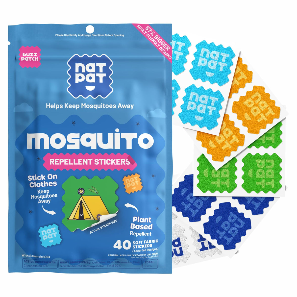 Emballage BuzzPatch montrant les patchs moustiques sur fond neutre
