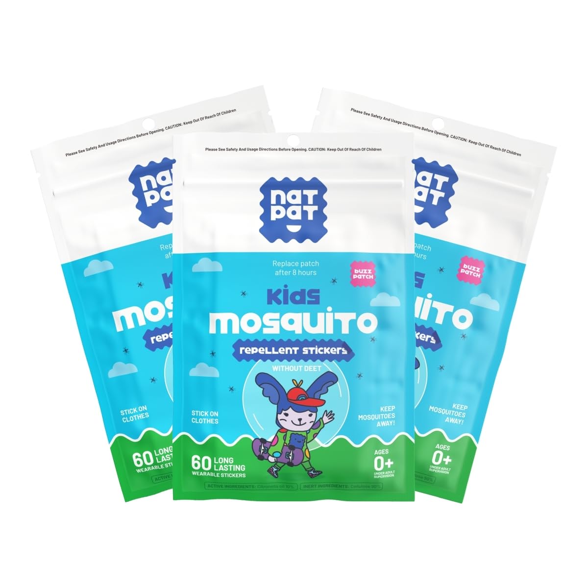 Patch moustique BUZZPATCH NATPAT pour enfants avec sourire, pratique et prêt à l'emploi.