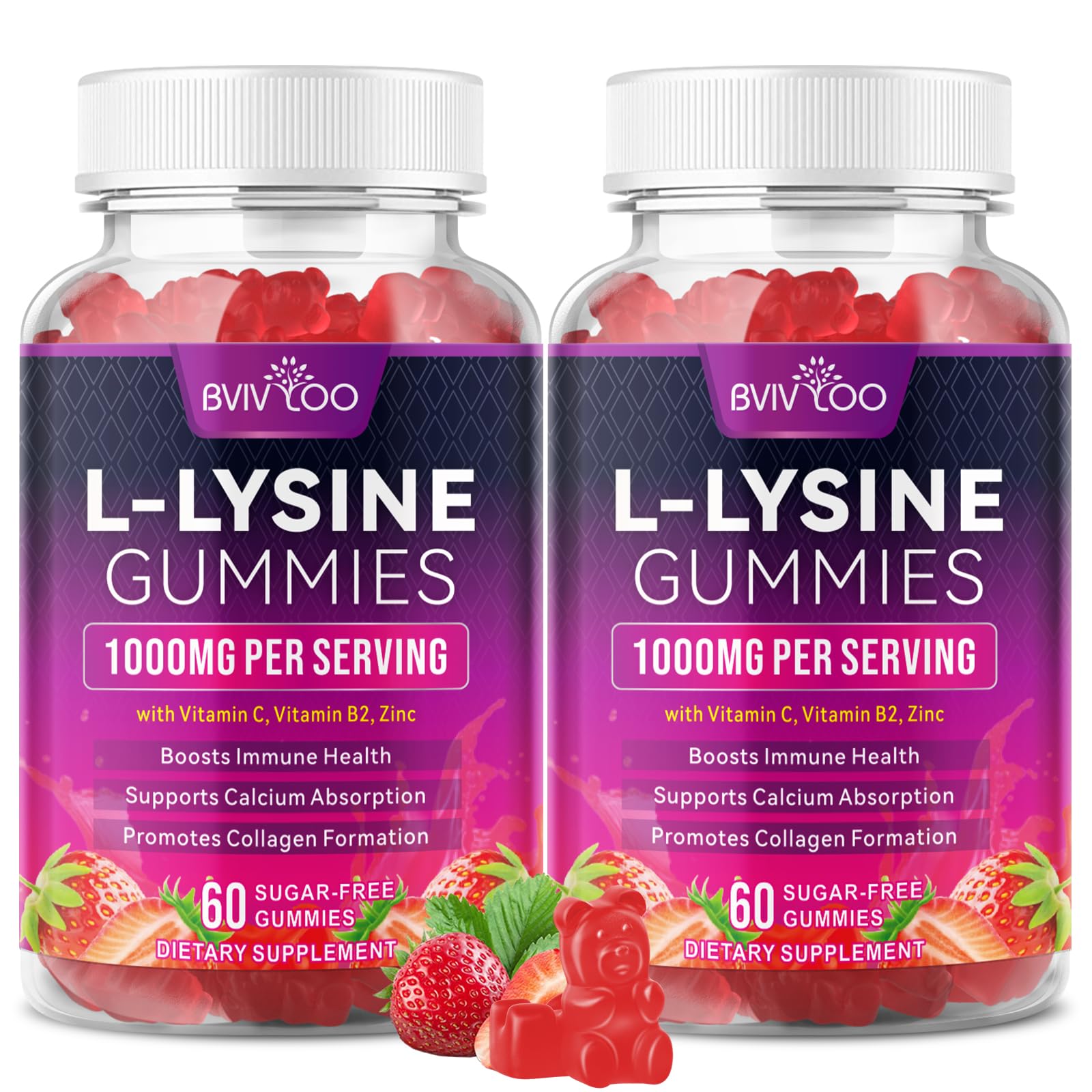 BVIVLOO Lysine Gummies pack deux bouteilles, pratique pour le quotidien.