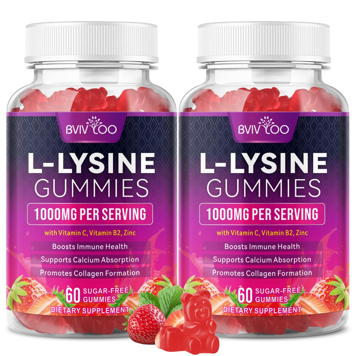 BVIVLOO Lysine Gummies pack deux bouteilles, pratique pour le quotidien.