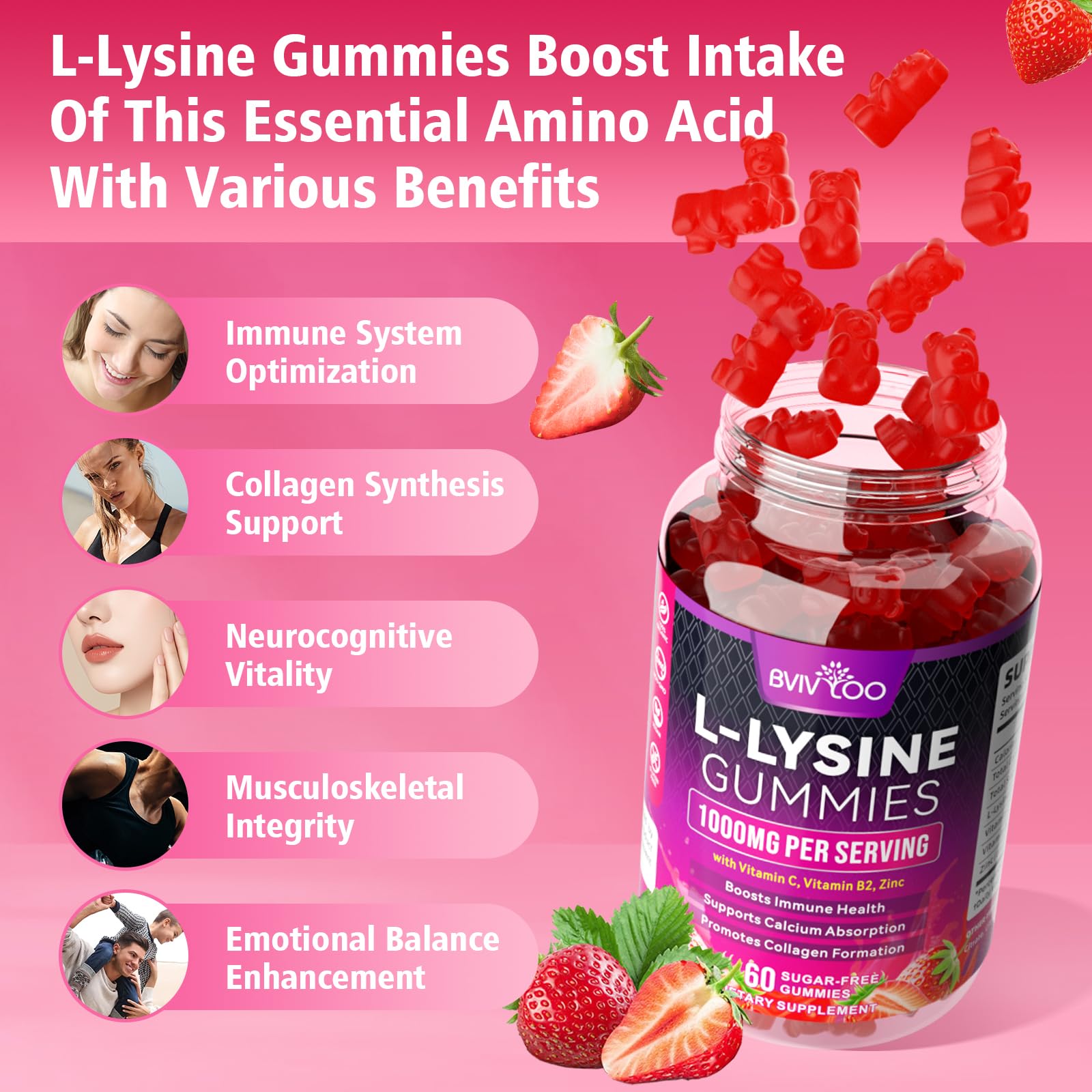BVIVLOO Lysine Gummies saveur fruits rouges, expérience gourmande et sans sucre.