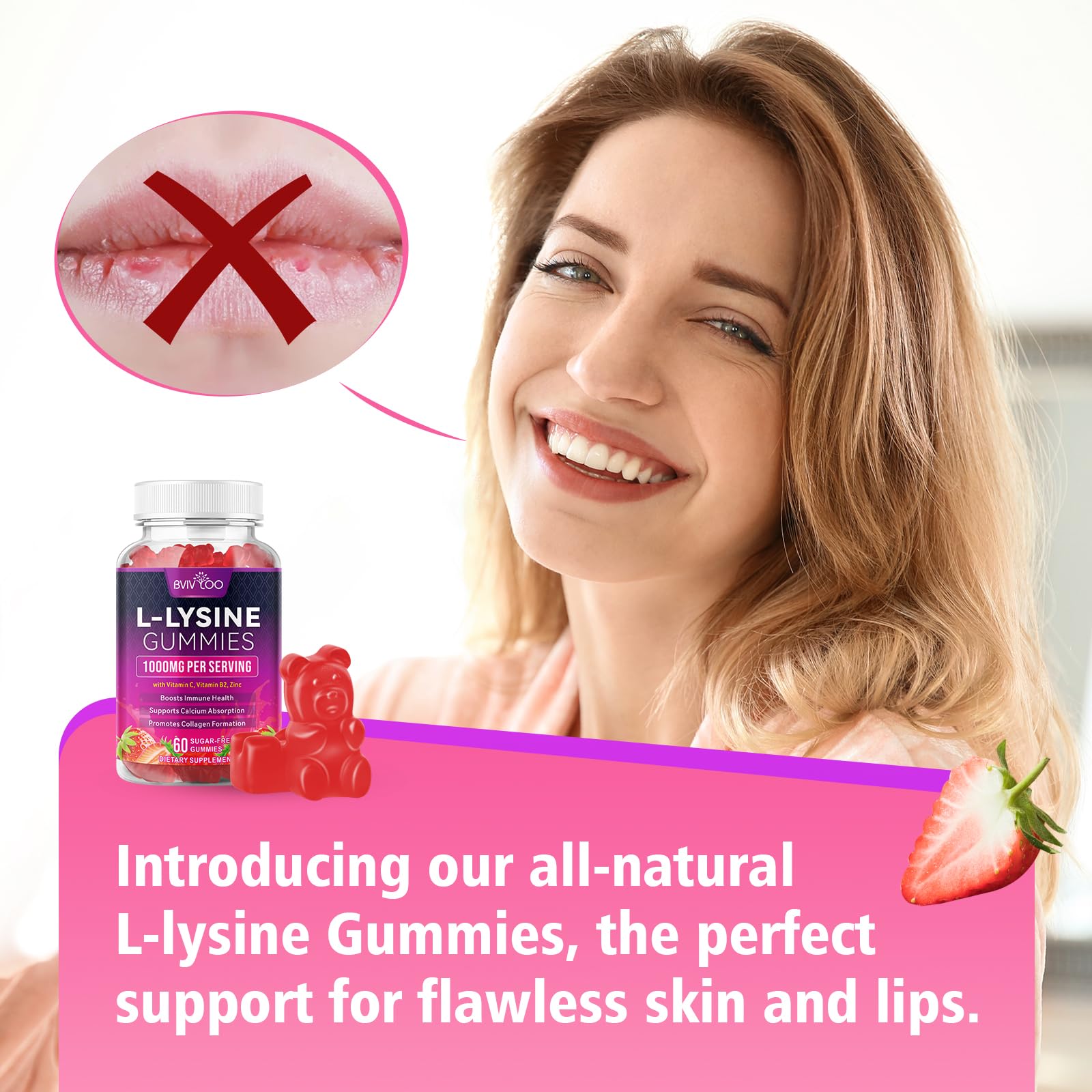 BVIVLOO Lysine Gummies véganes, sans gluten et sans ingrédients d'origine animale.