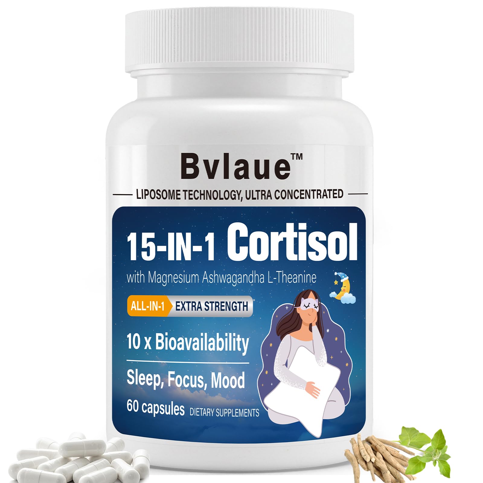 Bvlaue Cortisol 15in1 bouteille: soutien potentiel contre le stress et le sommeil réparateur.