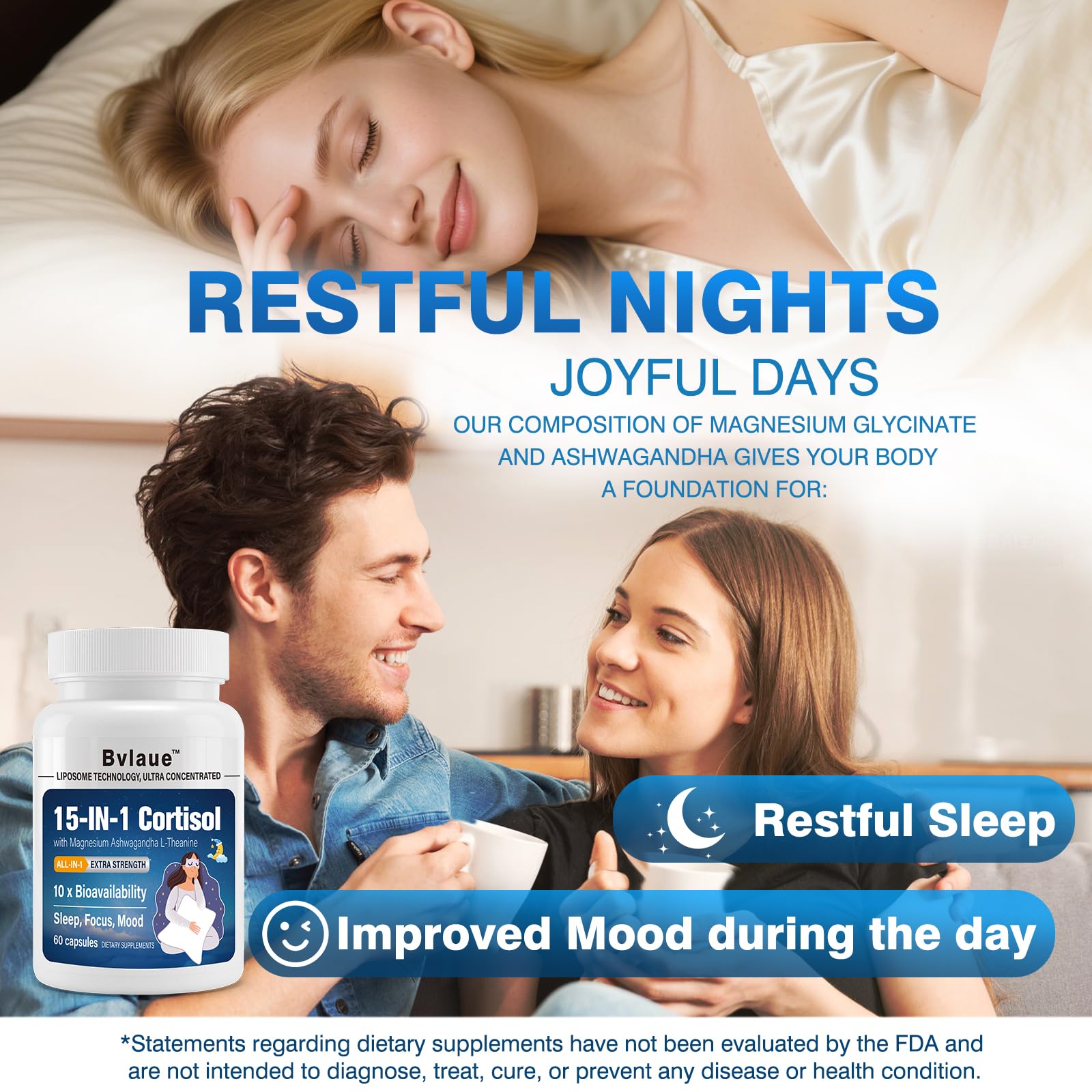 Bvlaue Utilisation pratique: deux capsules quotidiennes pour le stress et le sommeil.