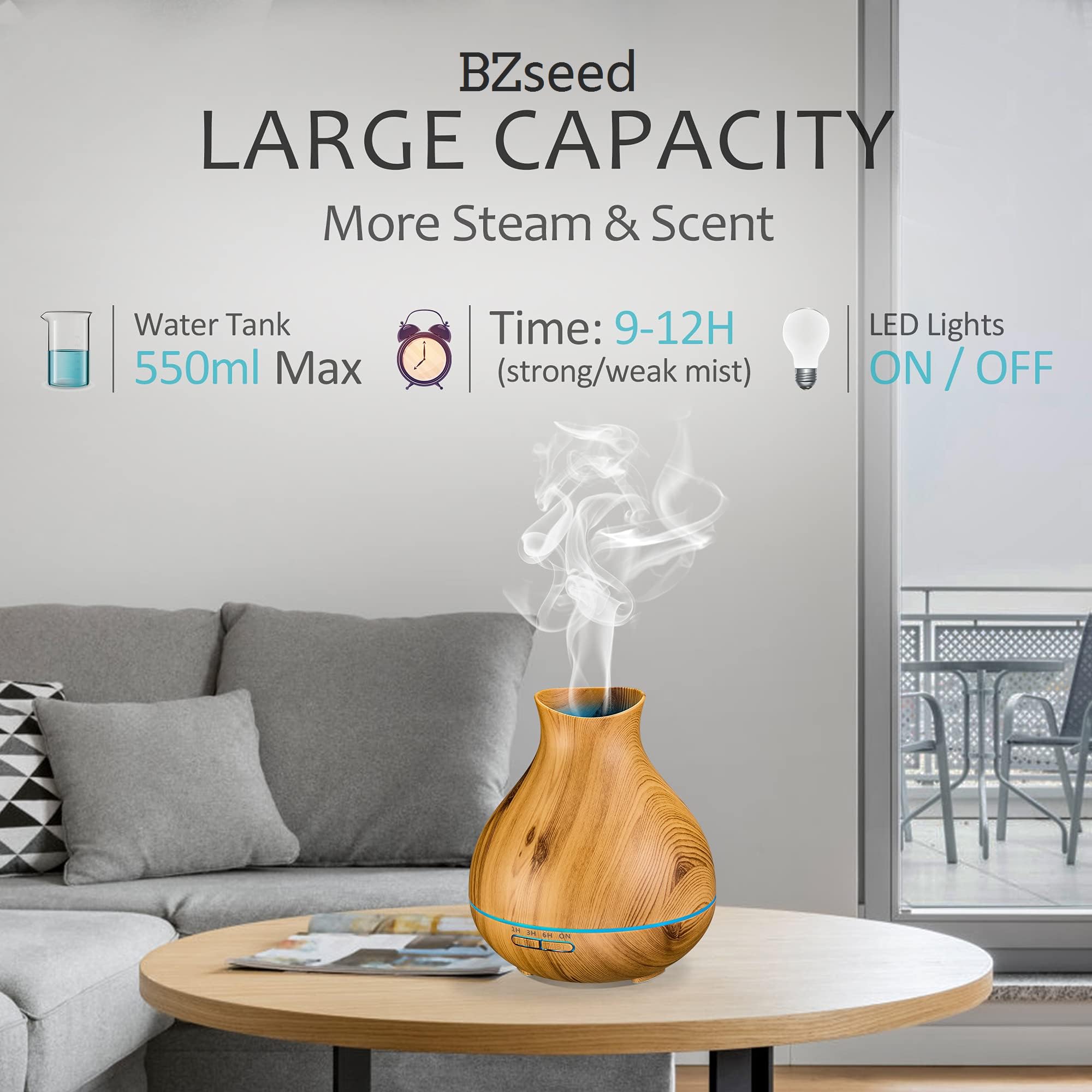 BZseed diffuseur grande capacité 550 ml, pour pièces spacieuses et sessions prolongées.