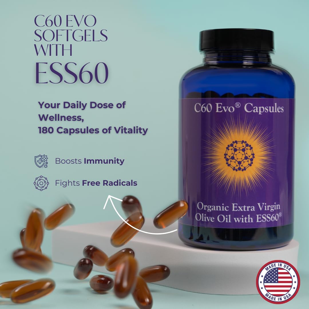 Capsules dorées C60 Evo Pure ESS60, faciles à avaler pour l'énergie et le bien-être.
