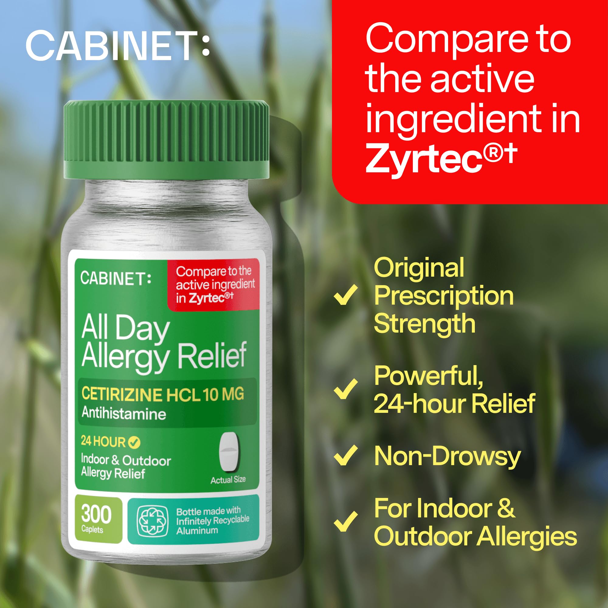 Cabinet Cetirizine, bocal métallique réutilisable, option durable pour votre routine antihistaminique.