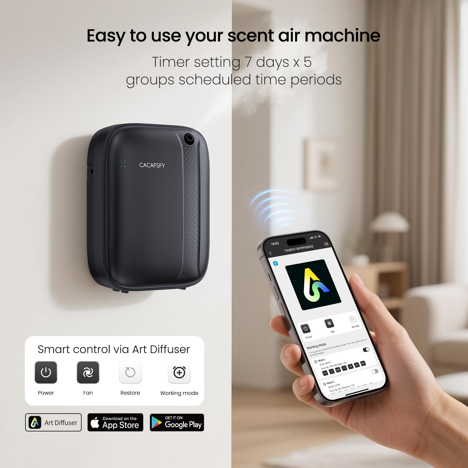 Contrôle Bluetooth CACAFSFY via application pour ajuster facilement les senteurs