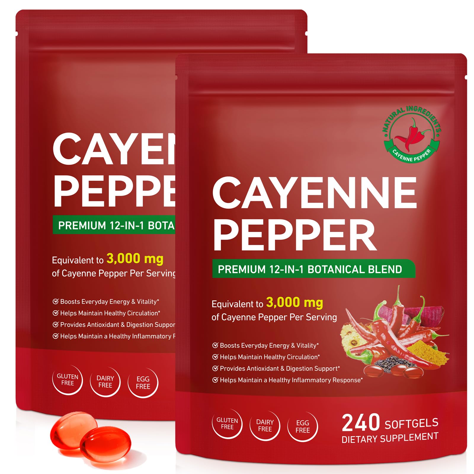 Cacukn Cayenne : capsules dans la bouteille, soutien potentiel à l'énergie quotidienne.