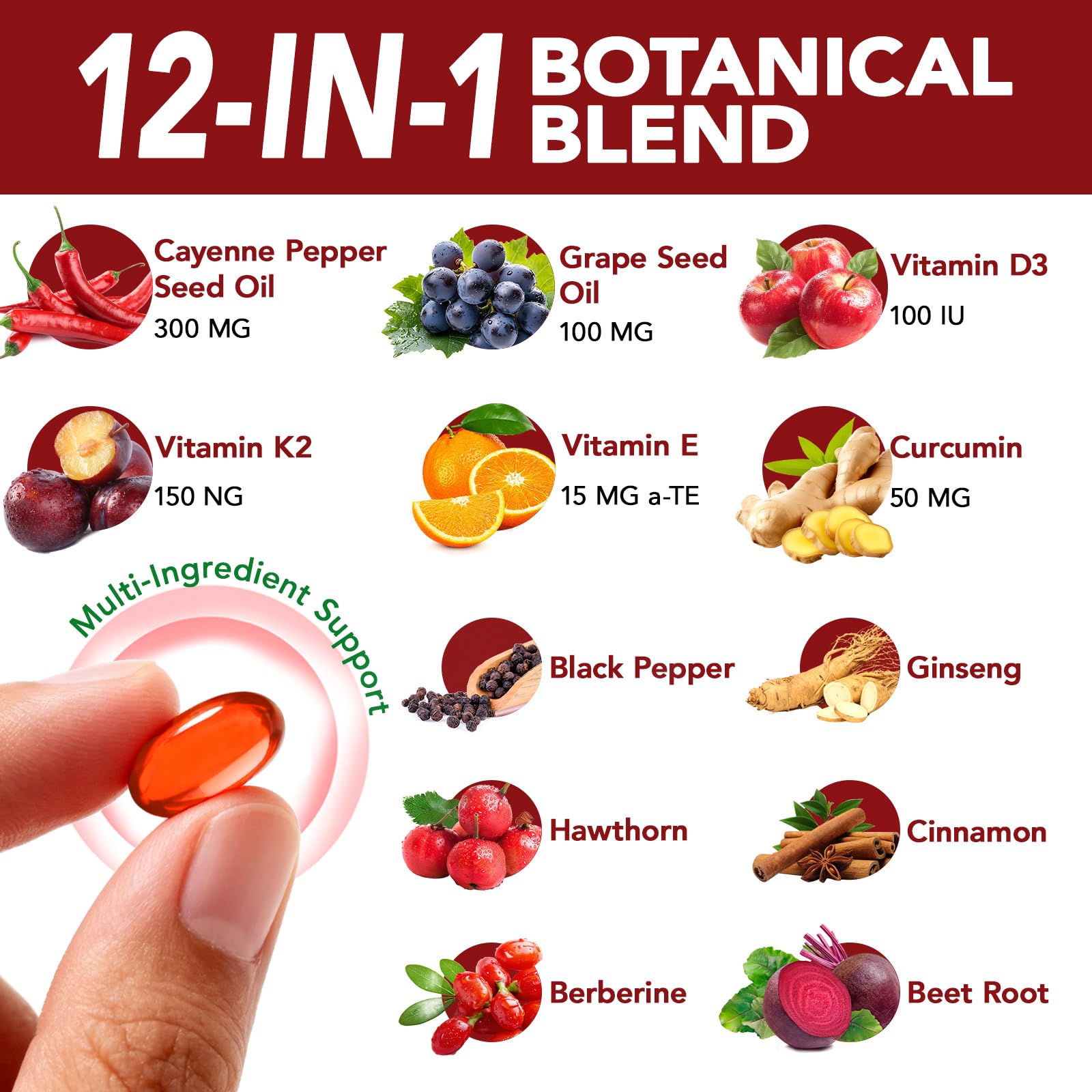 Étiquette Cacukn Cayenne: vitamines D3, K2 et E pour soutenir l'immunité potentielle.