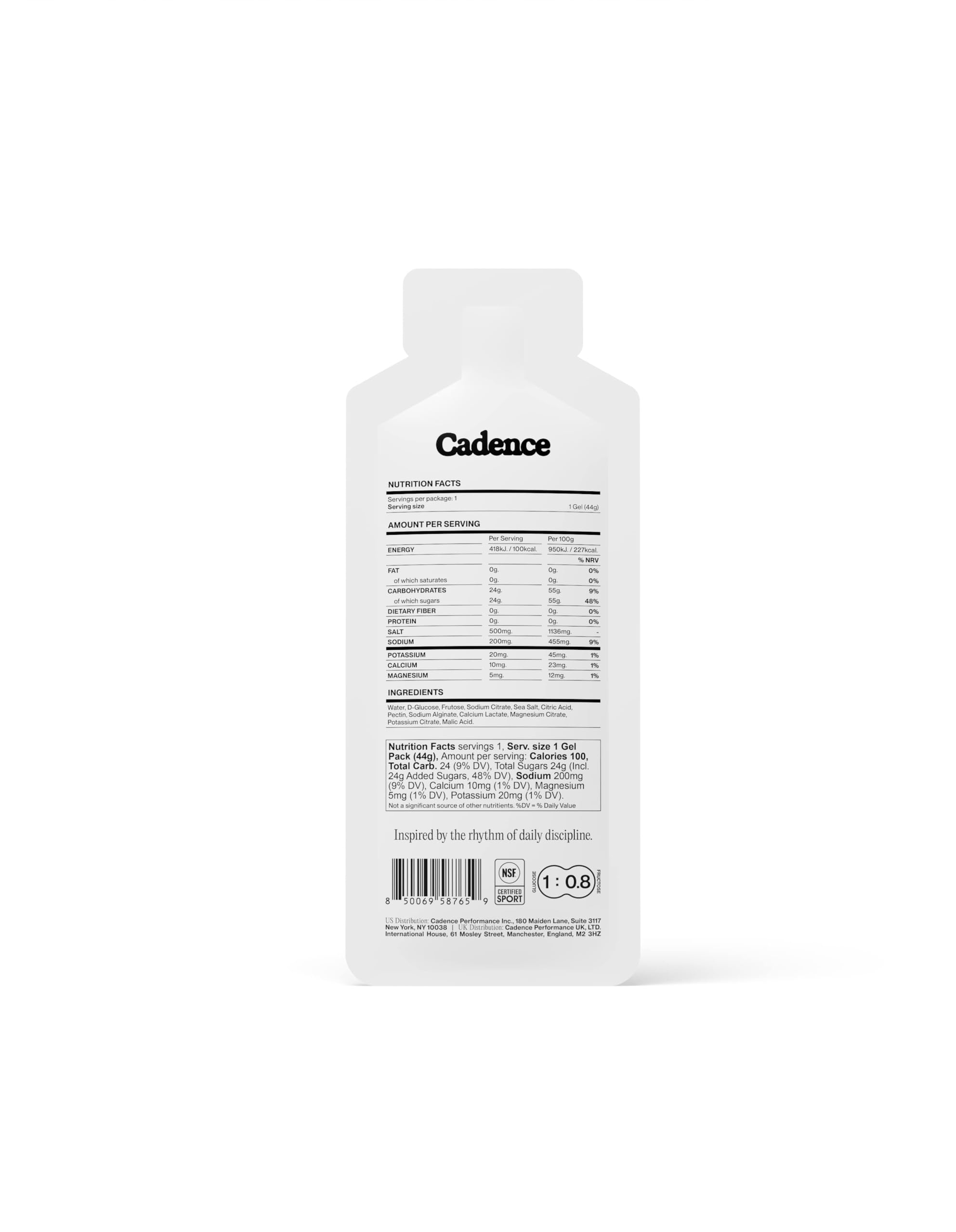 Ingrédients propres Cadence Gel, énergie fiable en entraînement.