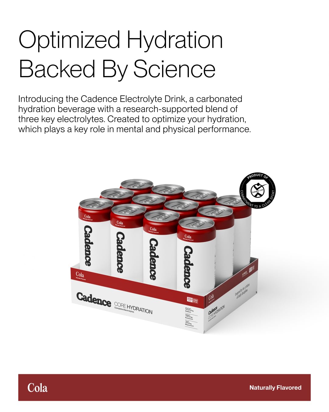 Cadence Electrolyte Drink – etiquette crisp-cola, informations nutritionnelles claires sur l'hydratation.