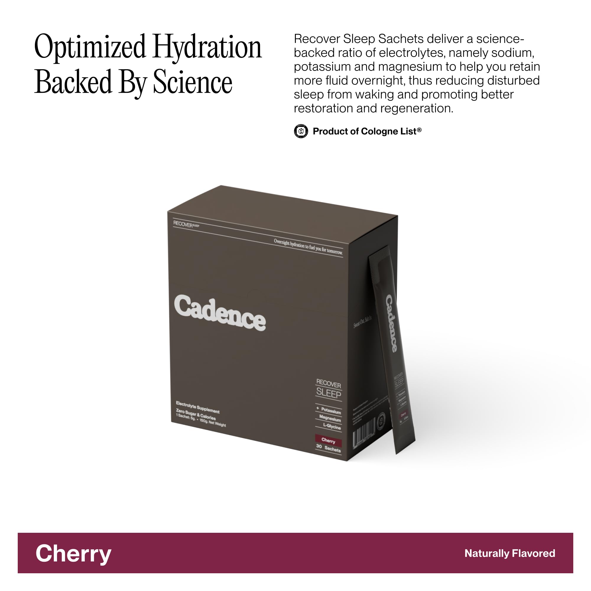 Cadence Recover Cerise – poudre se mélange dans l'eau pour hydratation nocturne.