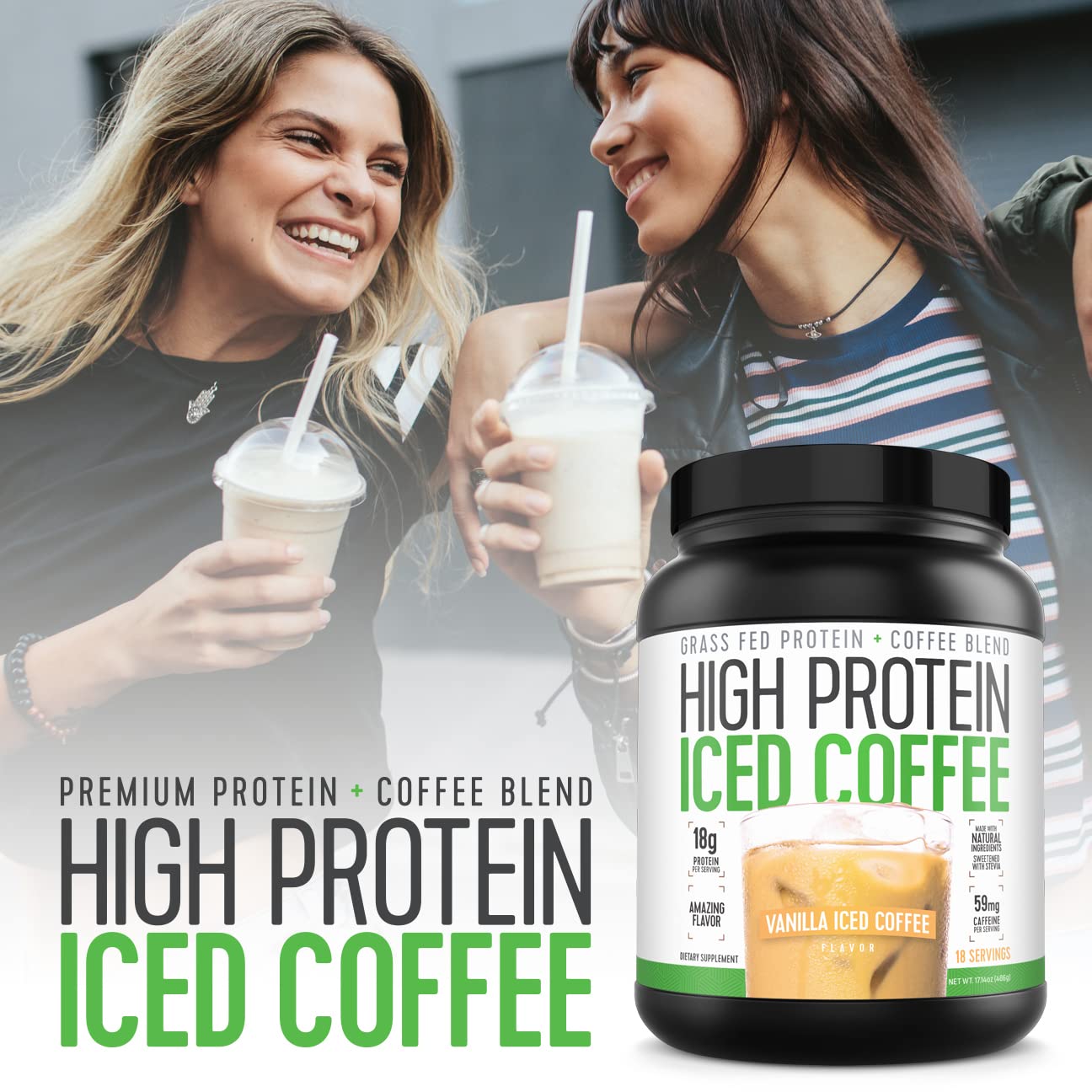 Café protéiné glacé vanille, compatible avec le lait végétal pour varier les saveurs.