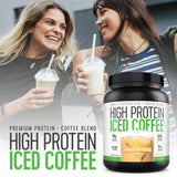 Café protéiné glacé vanille, compatible avec le lait végétal pour varier les saveurs.