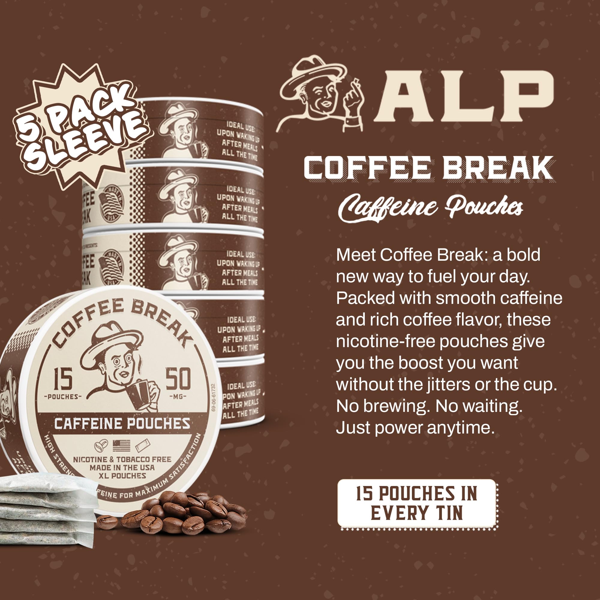 Caffeine Break – étiquette indiquant fabrication aux États‑Unis, assurance qualité.
