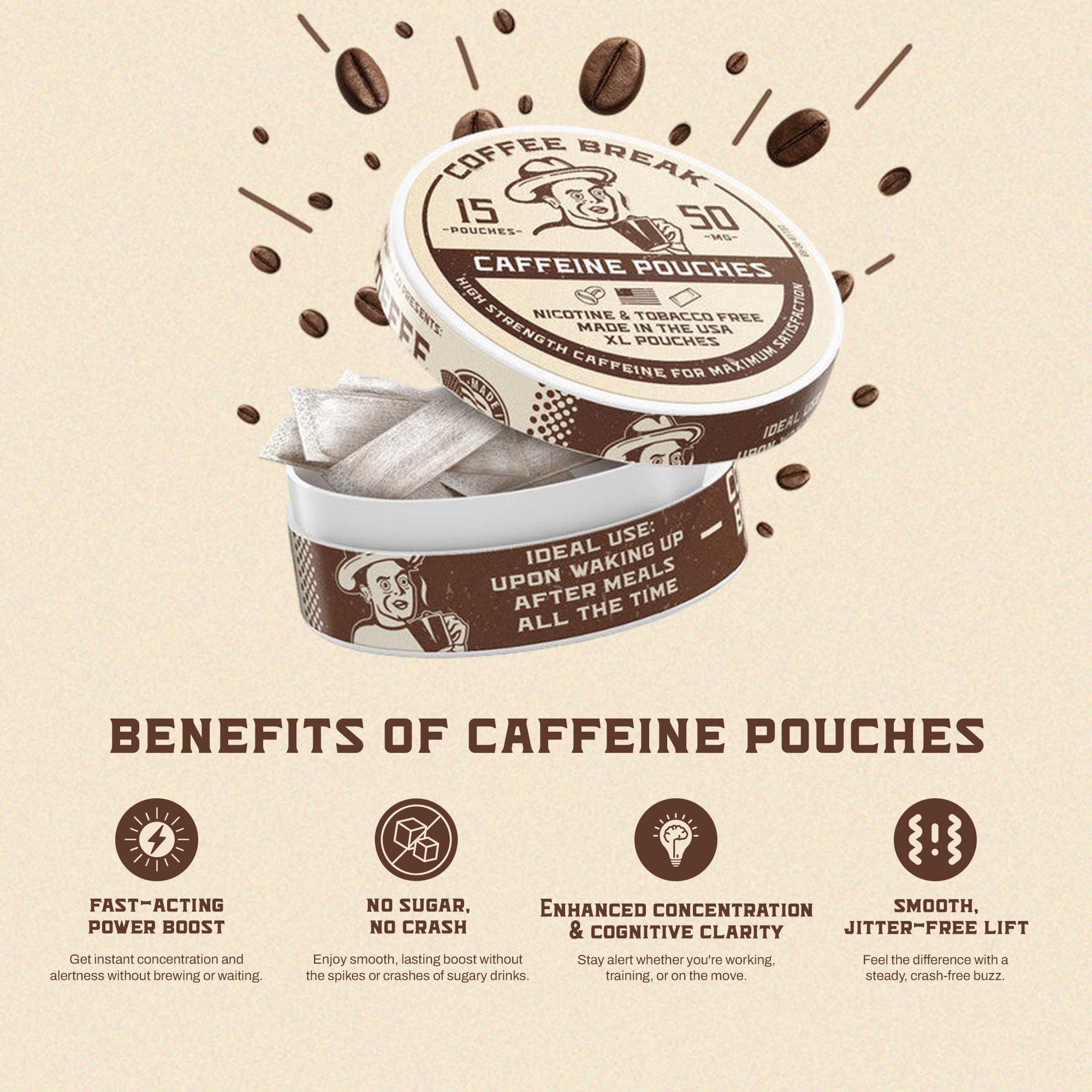 Caffeine Break – emballage clair, ingrédients visibles et sûrs.