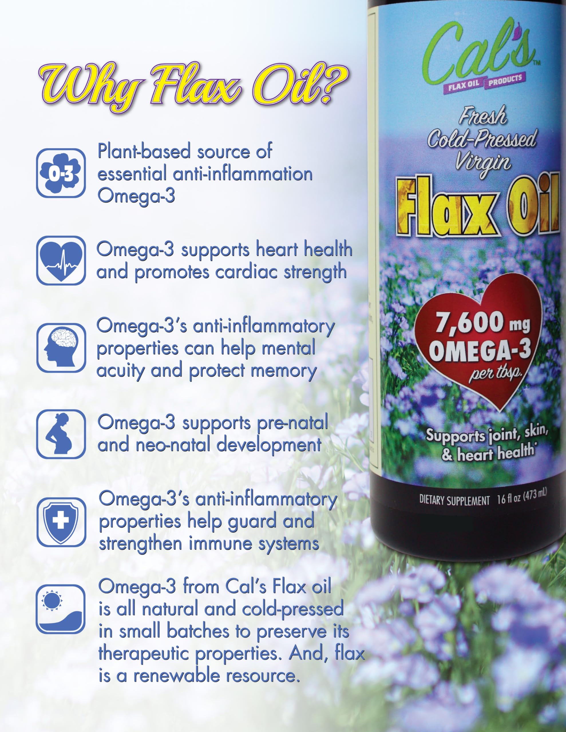 Cal's Huile de Lin — flacon de 473 ml pour une utilisation quotidienne facile.