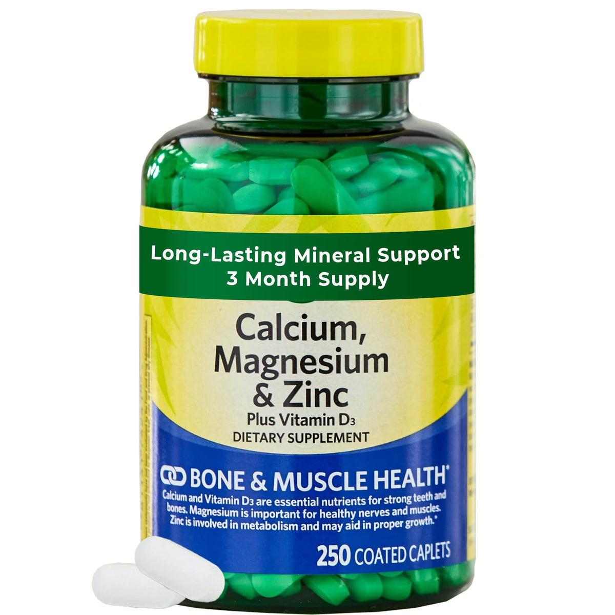 Calcium, Magnésium, Zinc Plus Vitamine D3 – Bouteille caplets, soutien potentiel des os et muscles.