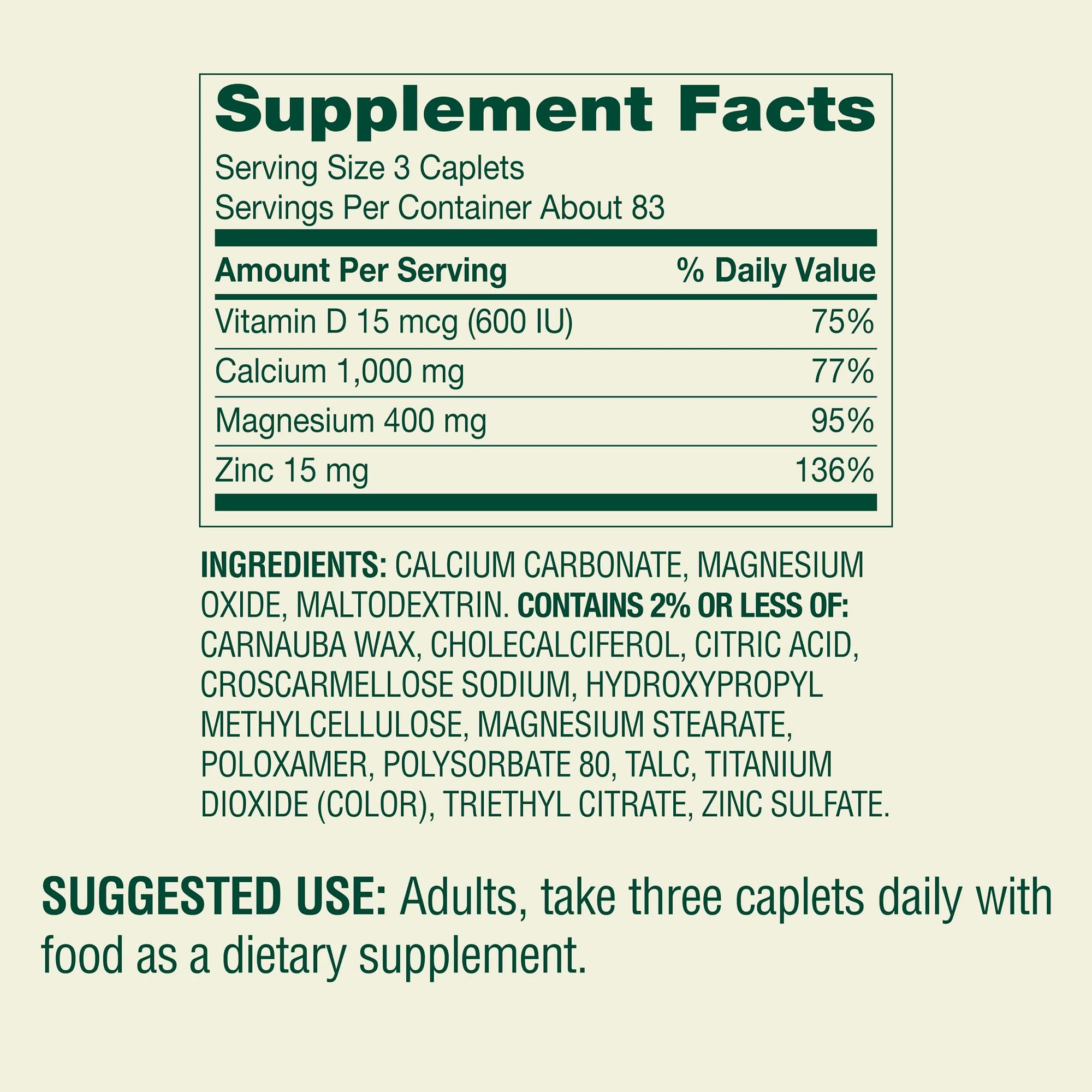 Calcium, Magnésium, Zinc Plus Vitamine D3 – Étiquette claire et instructions d’utilisation.
