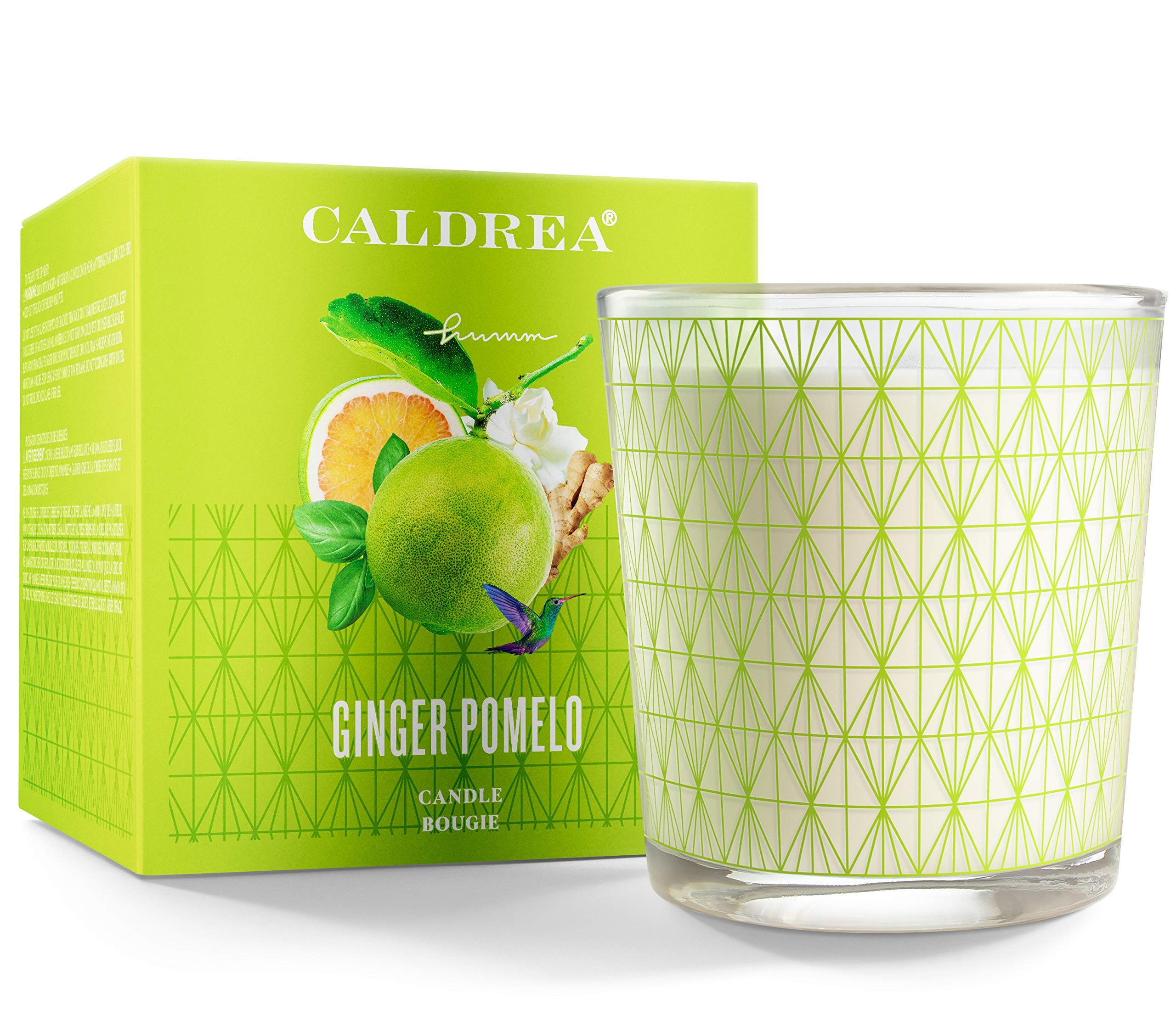 Bougie Caldrea Gingembre Pamplemousse dans un verre décoratif, diffusion durable.