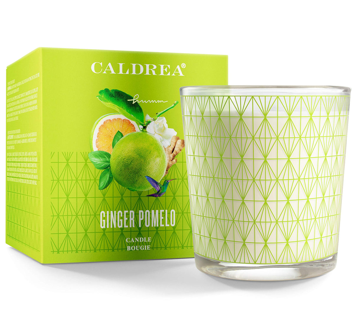 Bougie Caldrea Gingembre Pamplemousse dans un verre décoratif, diffusion durable.