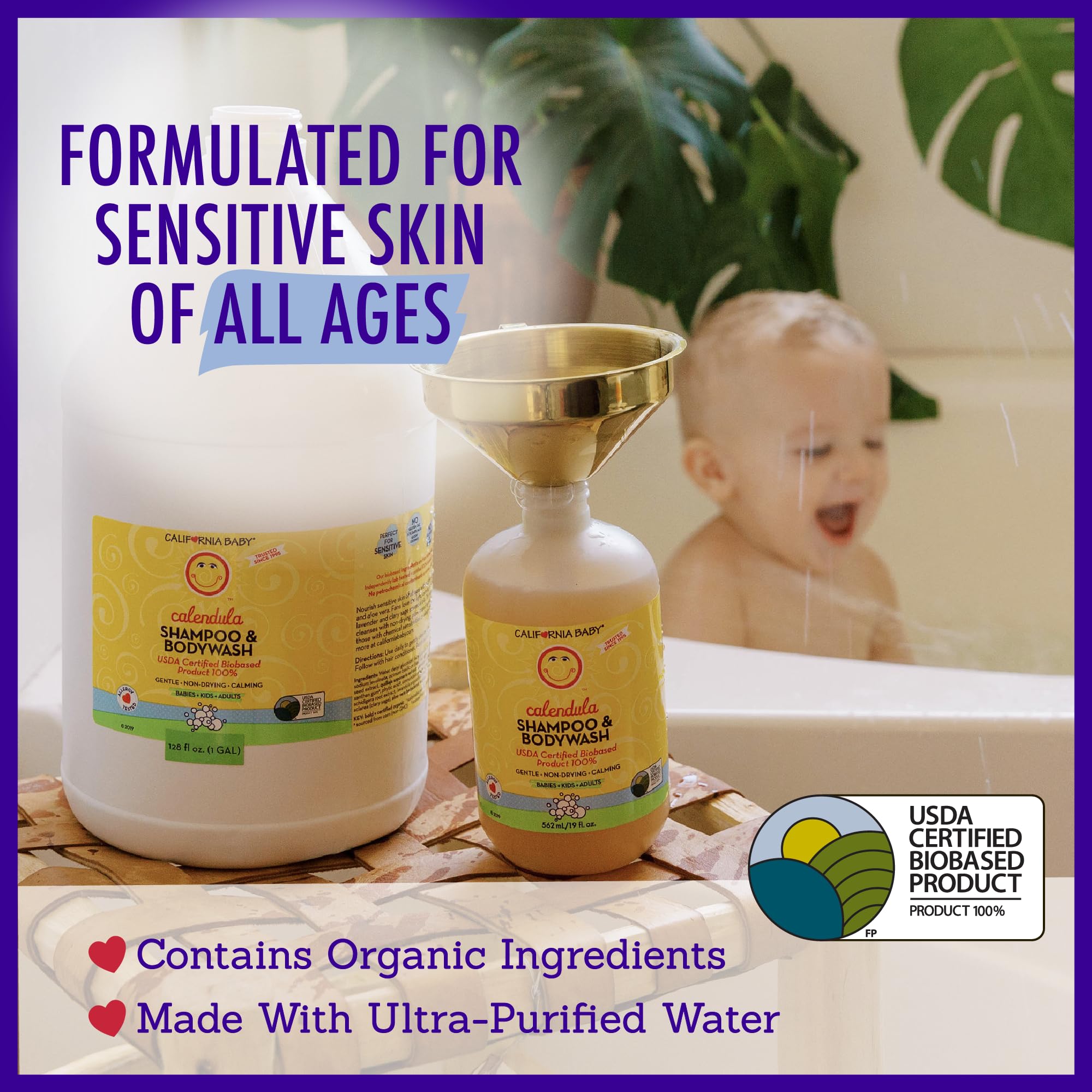 Versement du produit douche lavande California Baby, démontrant facilité d’utilisation.