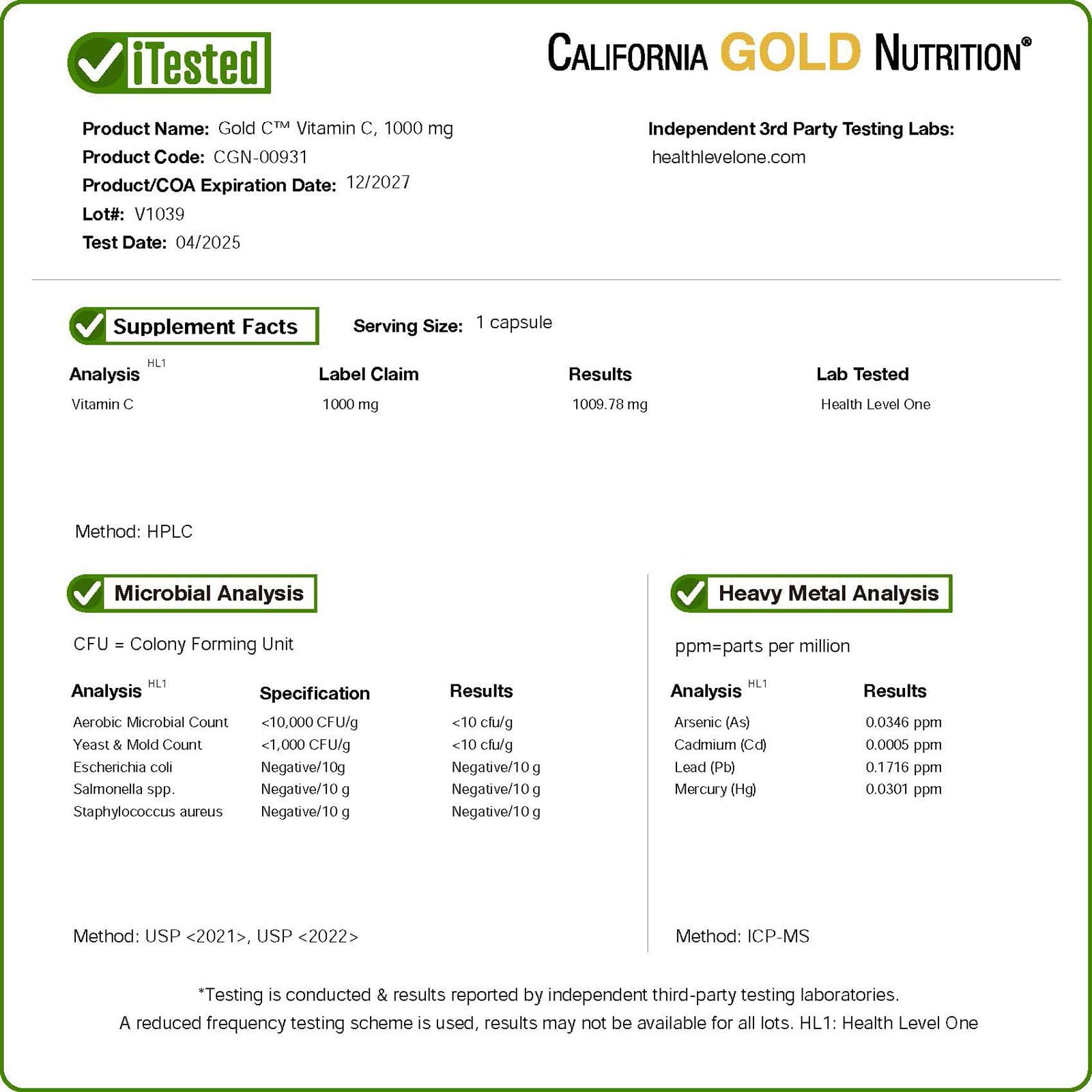 California Gold Nutrition C, installation certifiée cgmp, gage de qualité.