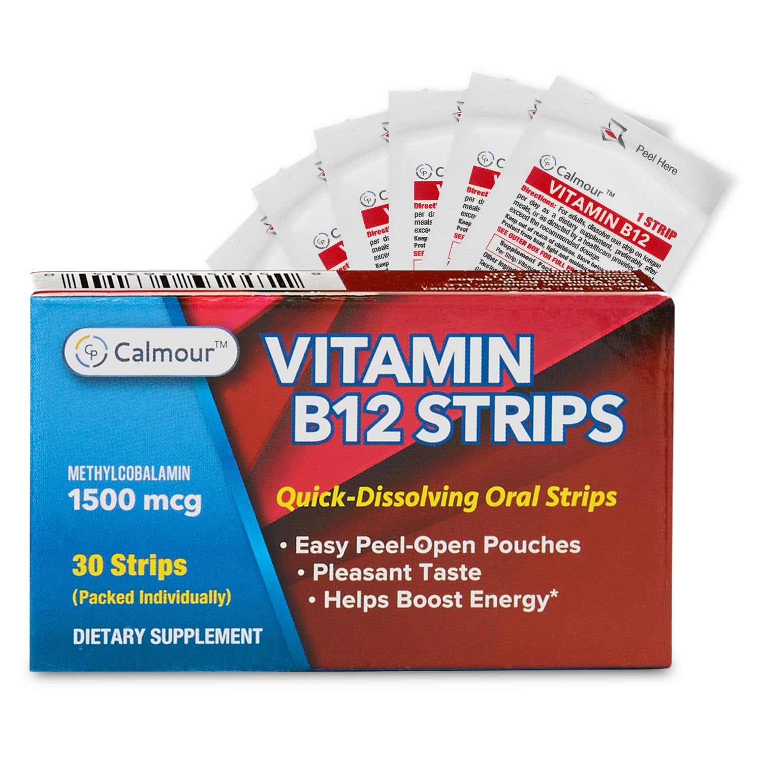 CALMOUR B12 Strips fondent sous la langue rapidement, énergie pratique en déplacement.