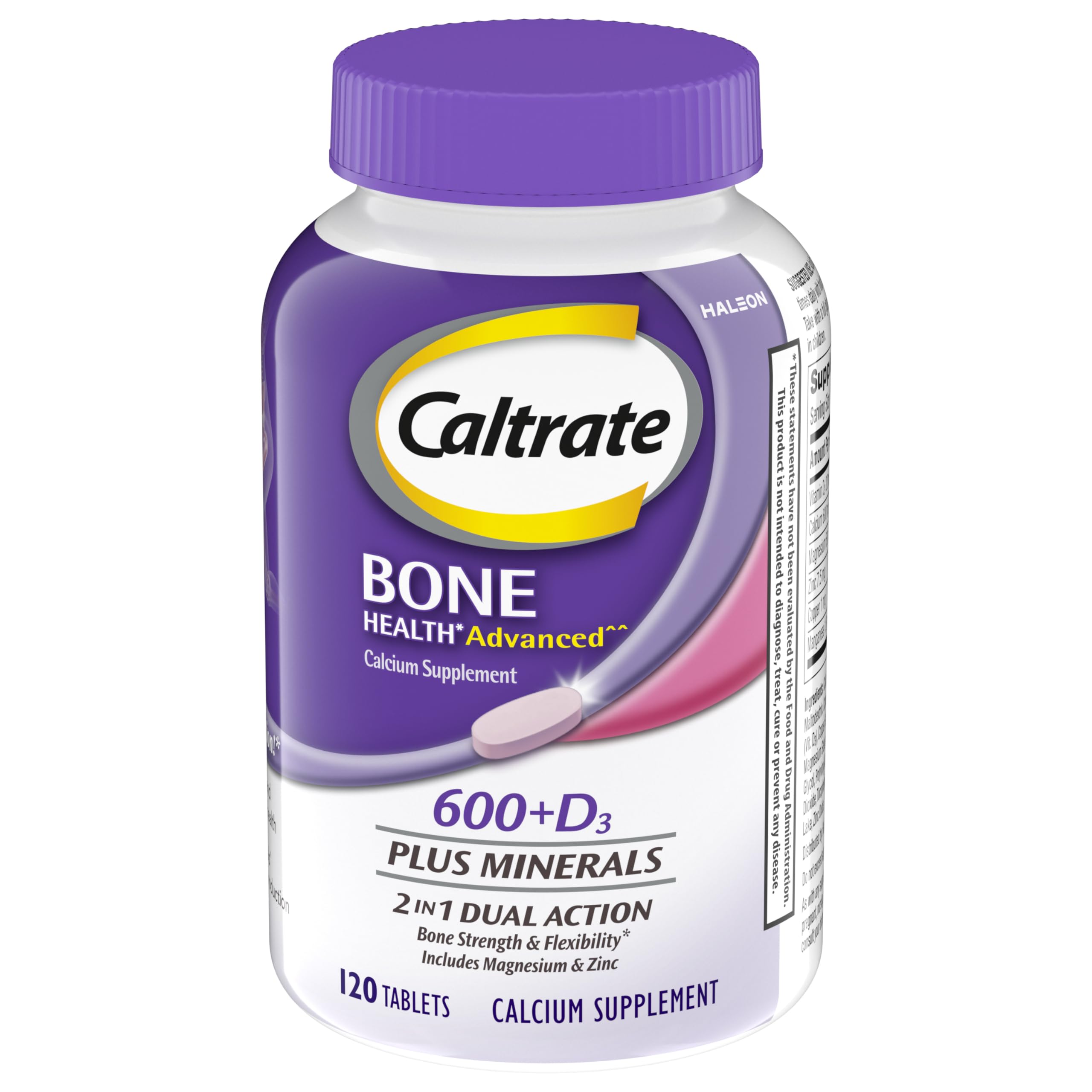 Caltrate 600 Plus D3 Plus Minéraux : bouteille montrant le complément pour soutenir la solidité des os.