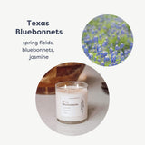 Calyan Texas Bluebonnets bougie 2 meches, parfum florale apaisant pour salon.