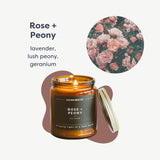 Étiquette Rose et Pivoine sur la bougie Calyan Wax Co., design épuré