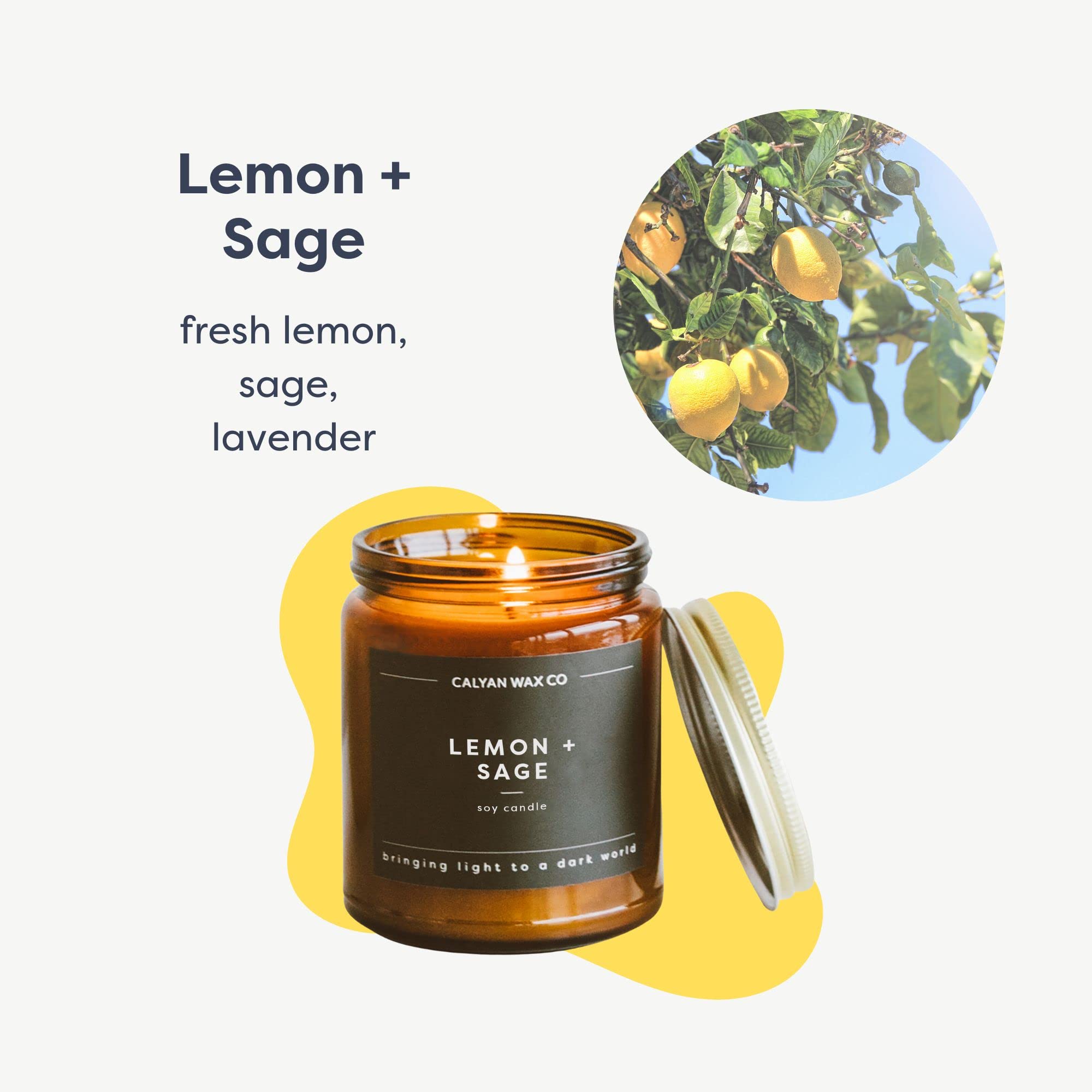 Bougie Calyan Wax Co. citron et sauge dans bocal ambré, parfum durable.