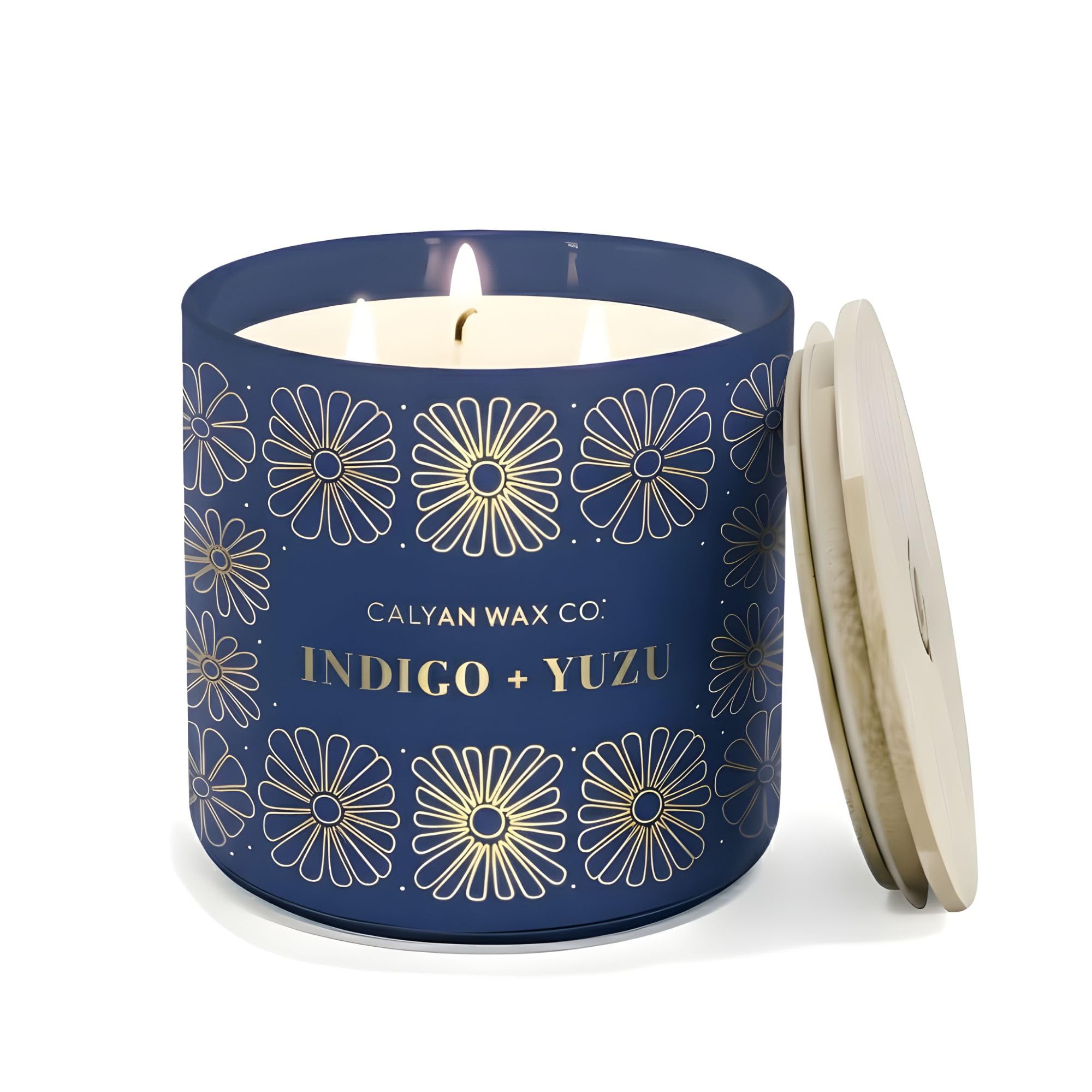 Calyan Wax Co. Indigo Yuzu: bougie en verre à 3 mèches, brûlage prolongé.