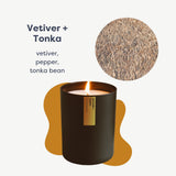 Calyan Wax Co. Bougie Vetiver et Tonka, mèche coton sans métal pour brûlage propre.