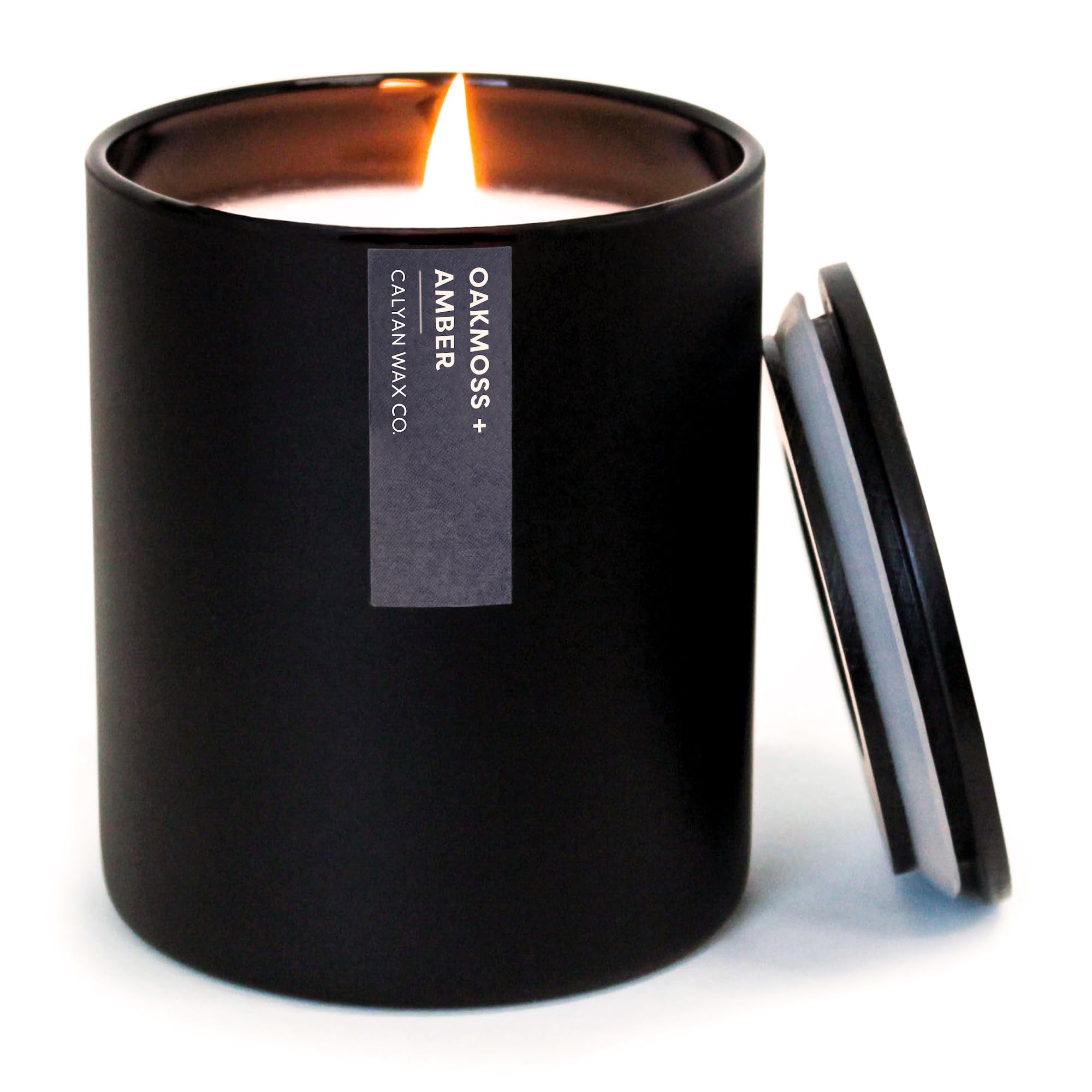 Calyan Wax Co. Oakmoss & Ambre: bougie noire longue durée pour salon élégant