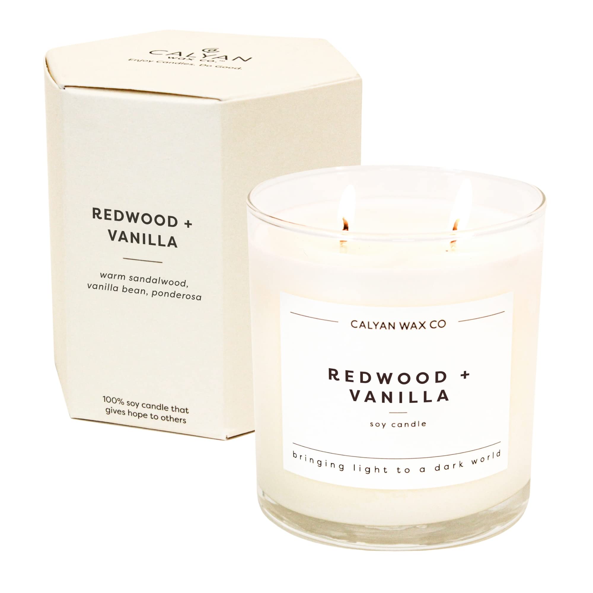 Calyan Wax Co Redwood et Vanilla, bougie à deux mèches, ambiance chaleureuse.