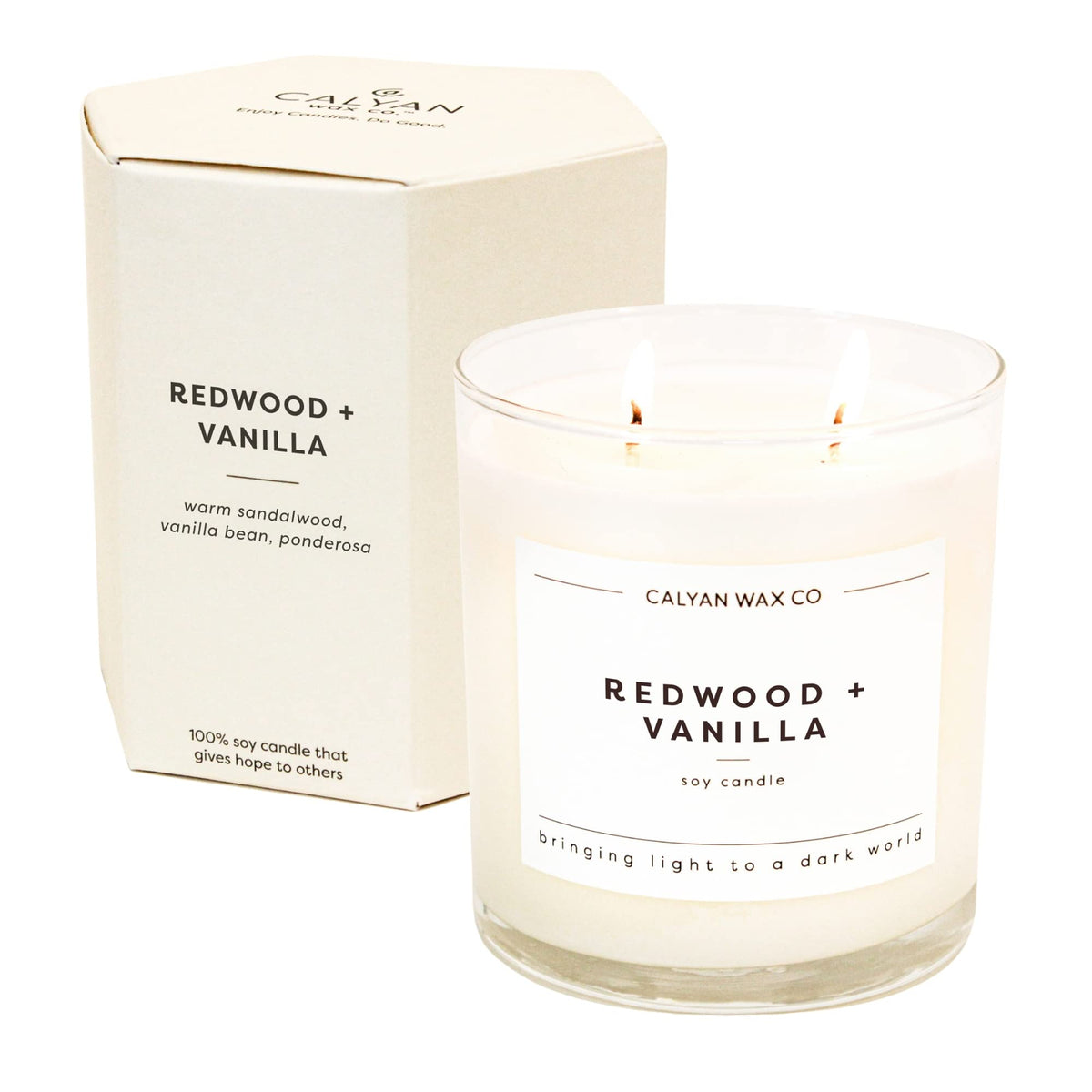 Calyan Wax Co Redwood et Vanilla, bougie à deux mèches, ambiance chaleureuse.