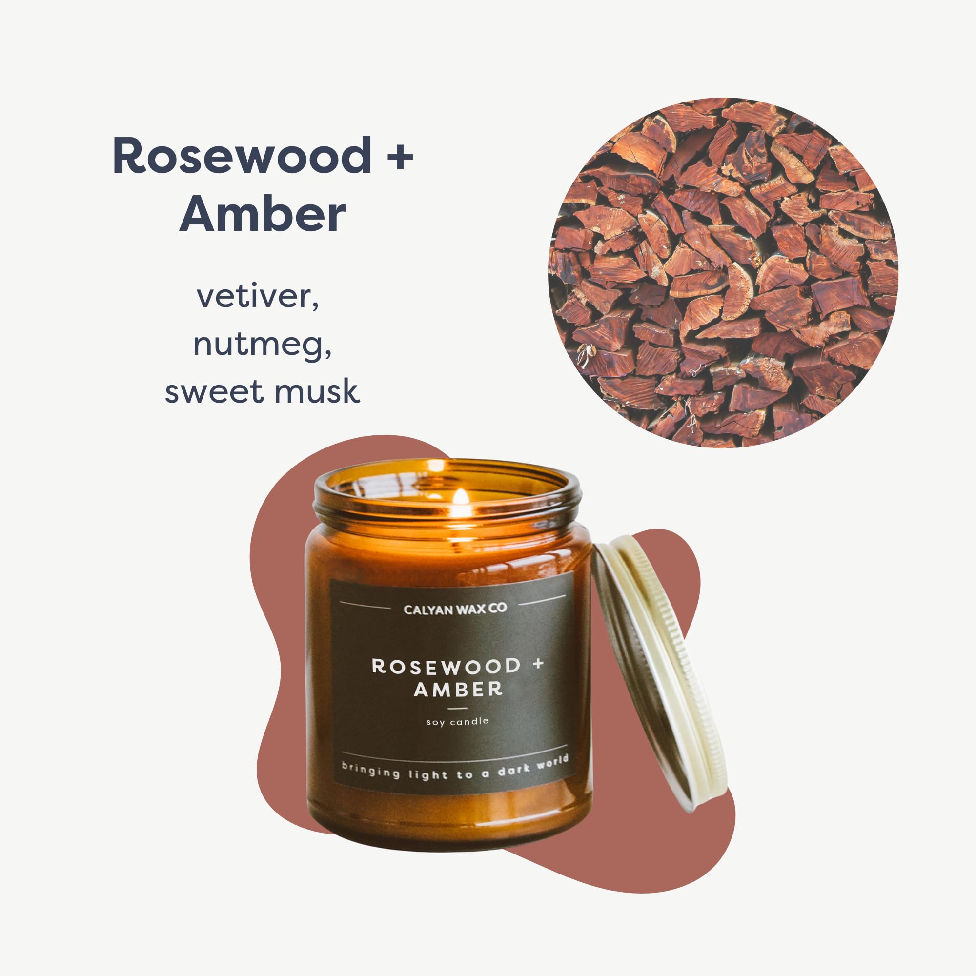 Calyan Wax Co. Rosewood & Amber: cire de soja naturelle pour une combustion propre.